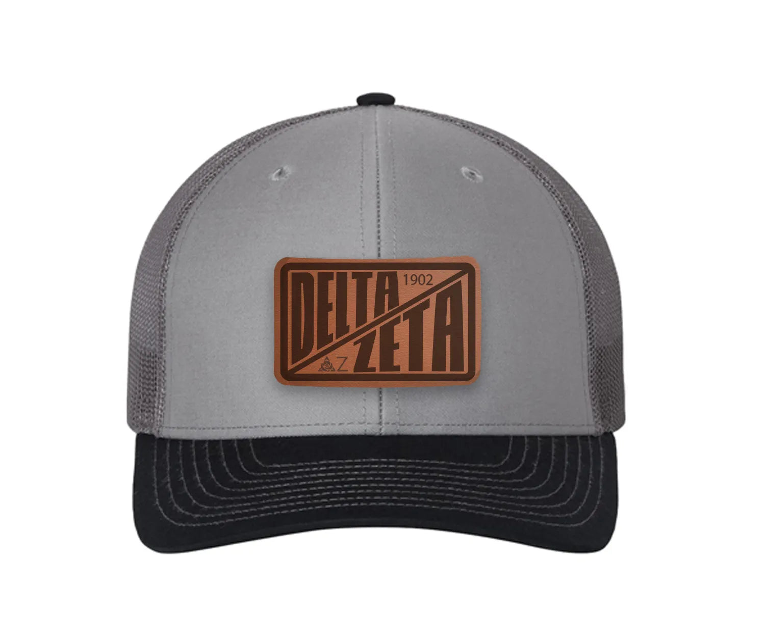 Delta Zeta Richardson 112 Leatherette Patch Trucker Hat - Divide Gray Charcoal Navy Trucker Hat