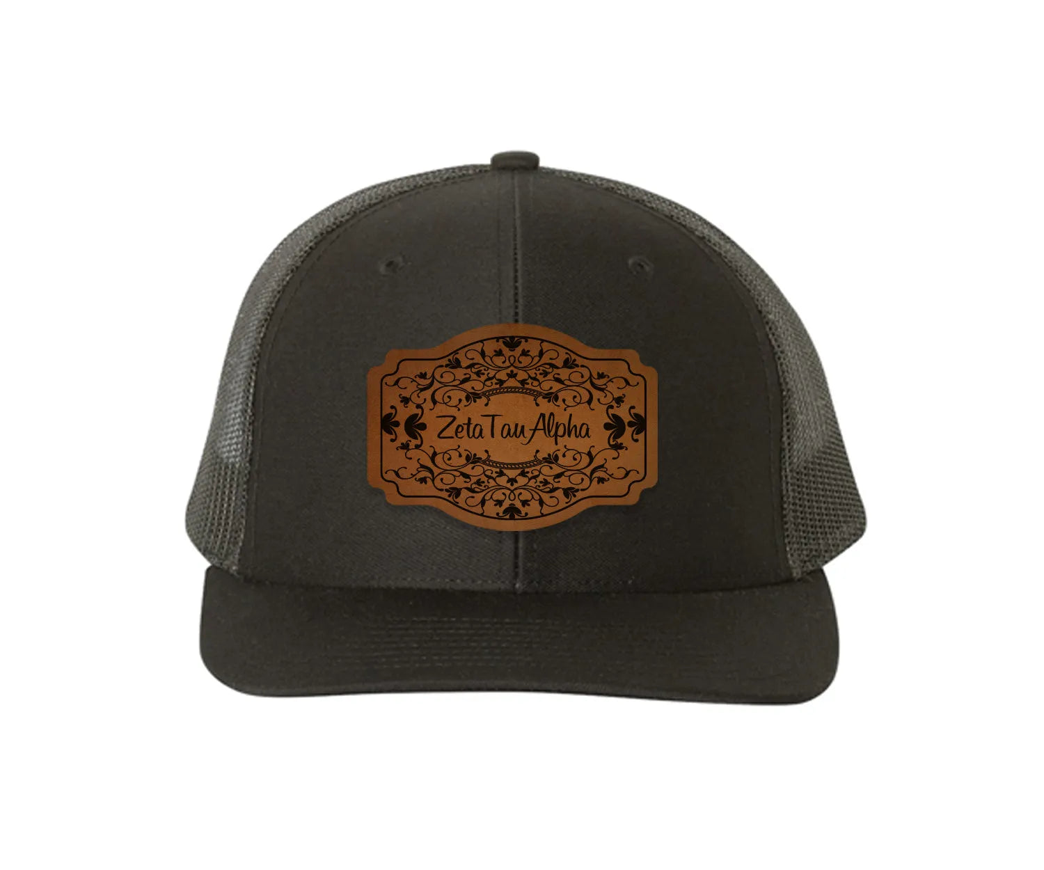 Zeta Tau Alpha Richardson 112 Leatherette Patch Trucker Hat - Scroll Black Black Trucker Hat