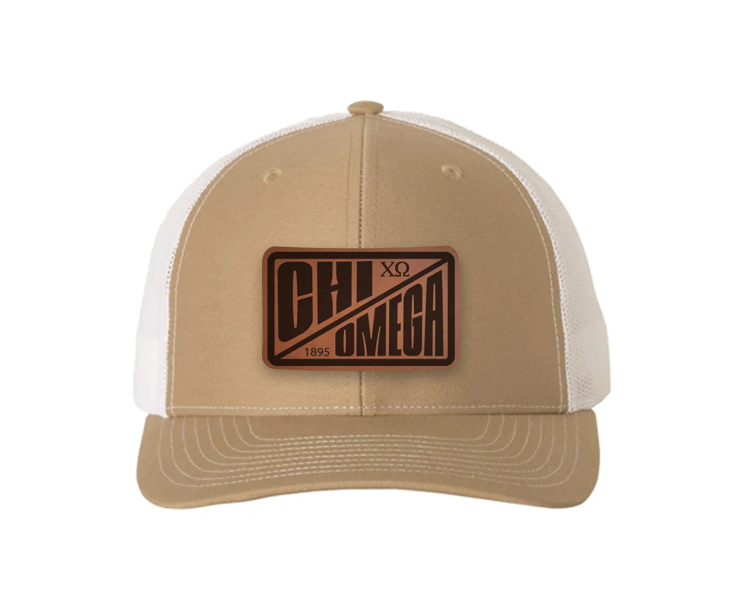 Chi Omega Richardson 112 Leatherette Patch Trucker Hat - Divide Khaki White Trucker Hat