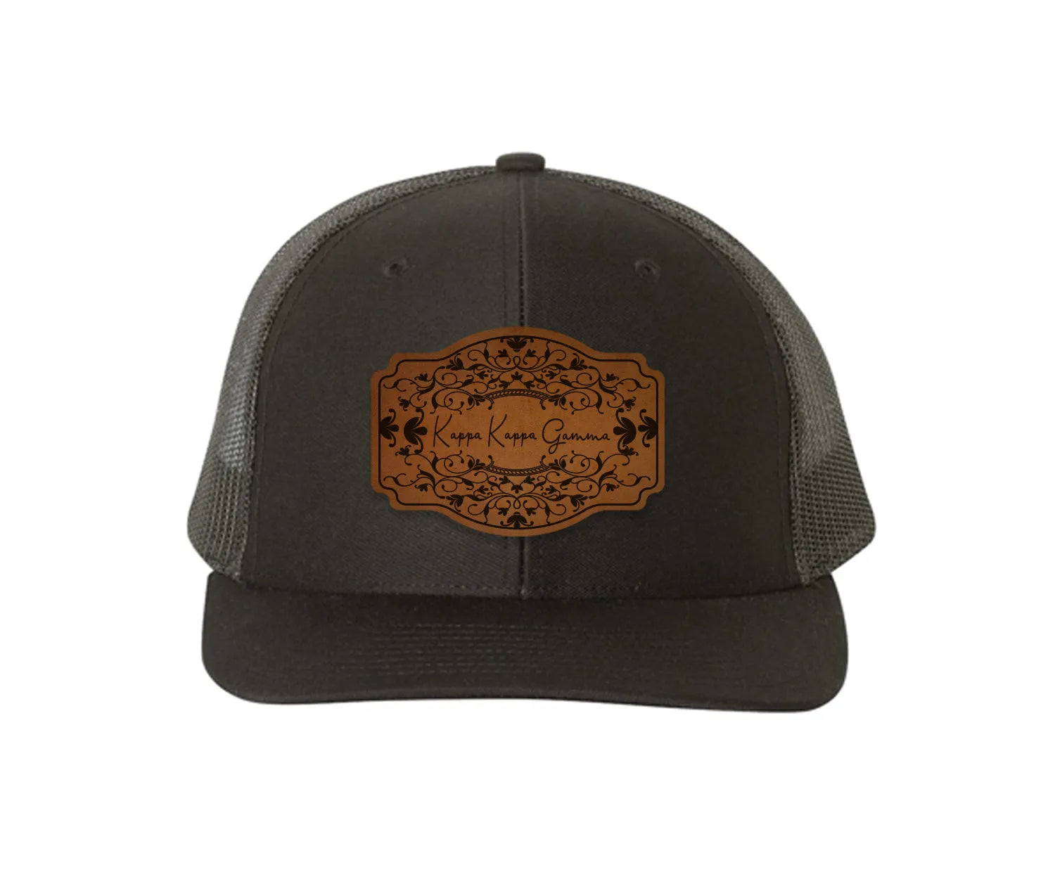 Kappa Kappa Gamma Richardson 112 Leatherette Patch Trucker Hat - Scroll Black Black Trucker Hat