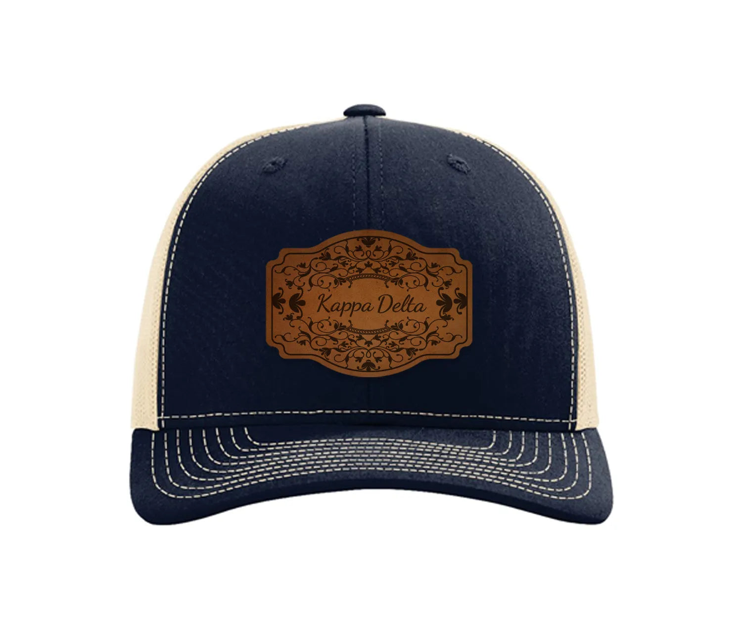 Kappa Delta Richardson 112 Leatherette Patch Trucker Hat - Scroll Navy Khaki Trucker Hat