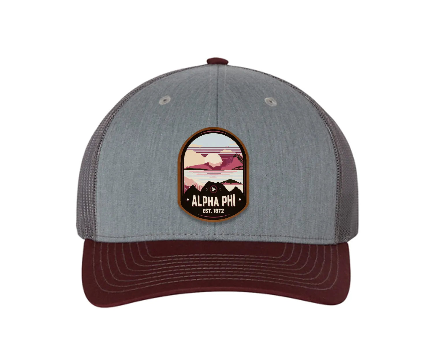 Alpha Phi Richardson 112 UV Print Leatherette Patch Trucker Hat - Ventura Heather Gray Charcoal Maroon Trucker Hat