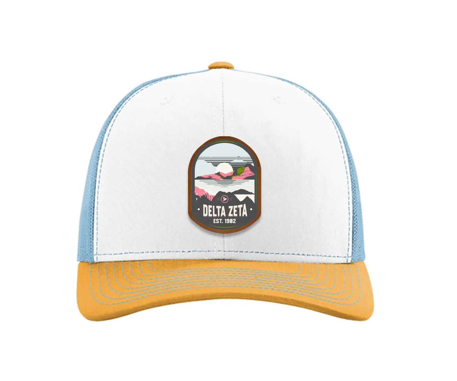 Delta Zeta Richardson 112 UV Print Leatherette Patch Trucker Hat - Ventura White Blue Yellow Trucker Hat