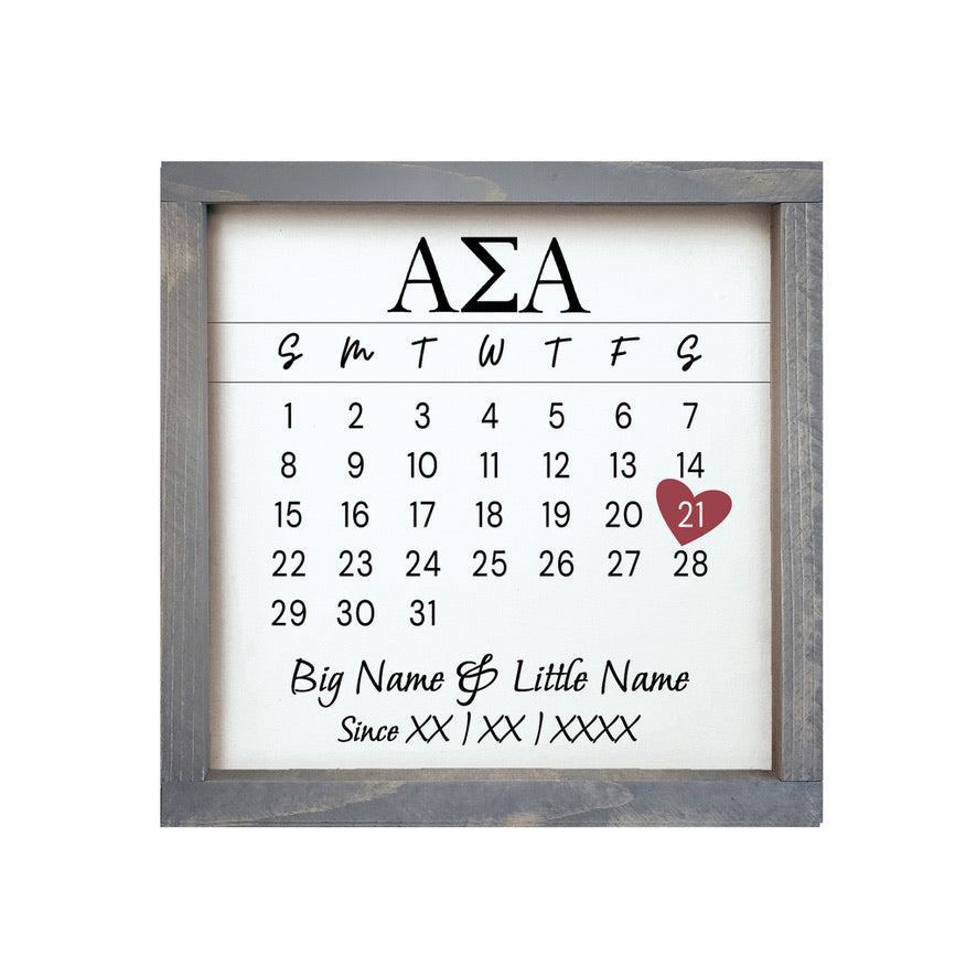 Alpha Sigma Alpha Personalized Big Little Calendar Framed Sign - 12x12