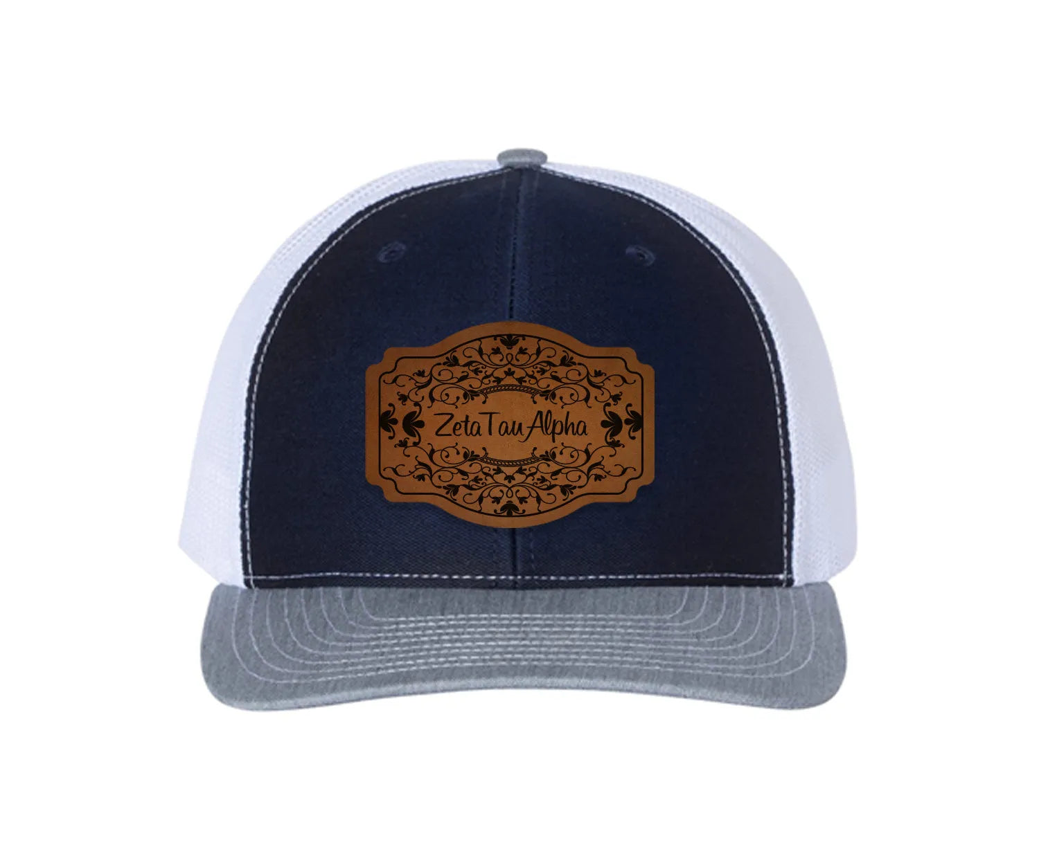 Zeta Tau Alpha Richardson 112 Leatherette Patch Trucker Hat - Scroll Navy White Heather Gray Trucker Hat