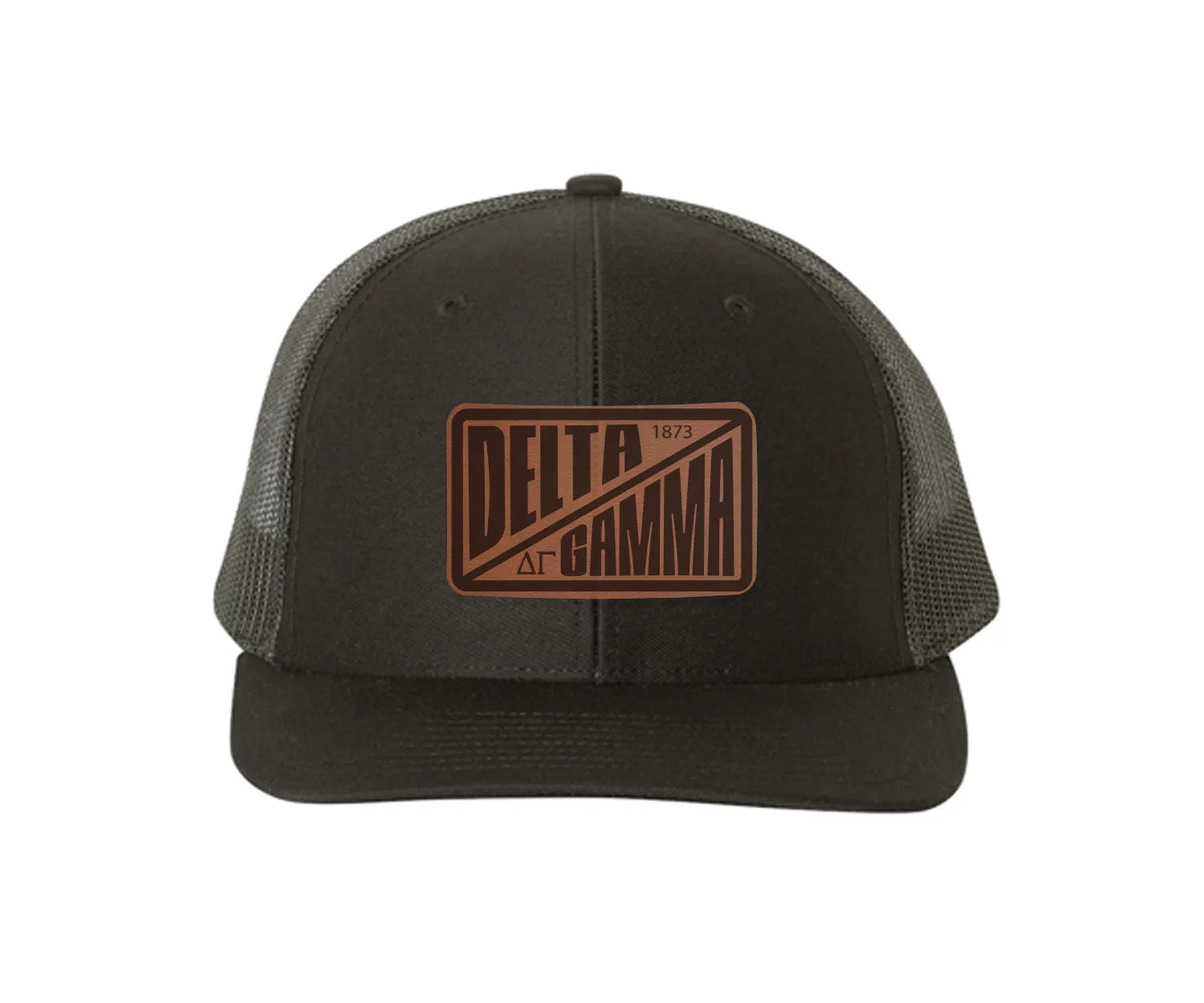 Delta Gamma Richardson 112 Leatherette Patch Trucker Hat - Divide Black Black Trucker Hat
