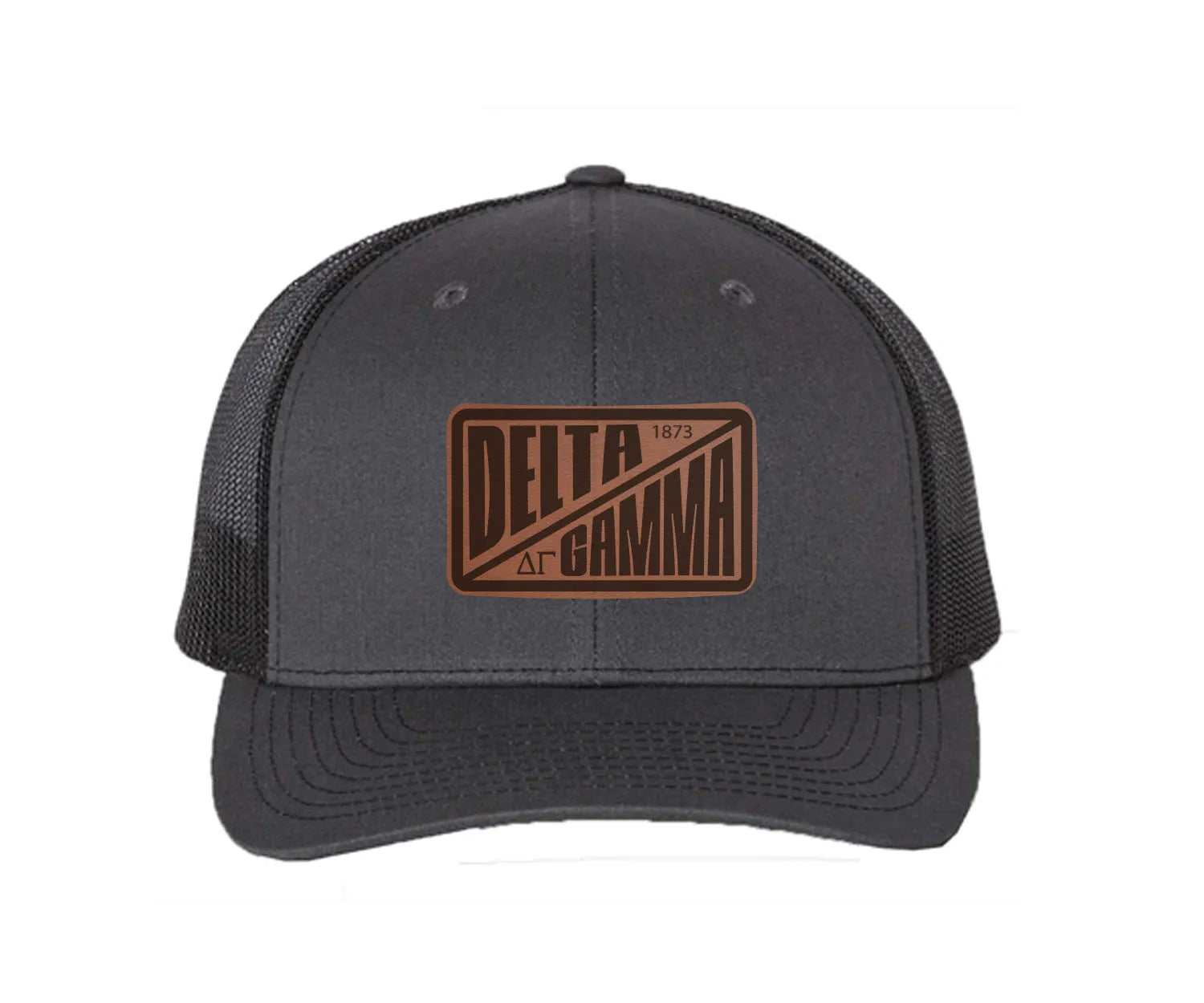 Delta Gamma Richardson 112 Leatherette Patch Trucker Hat - Divide Charcoal Black Trucker Hat