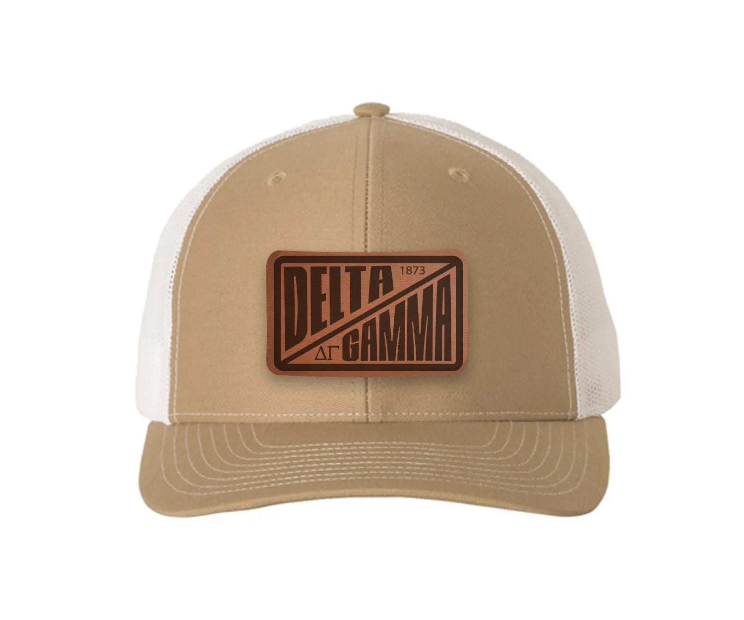 Delta Gamma Richardson 112 Leatherette Patch Trucker Hat - Divide Khaki White Trucker Hat