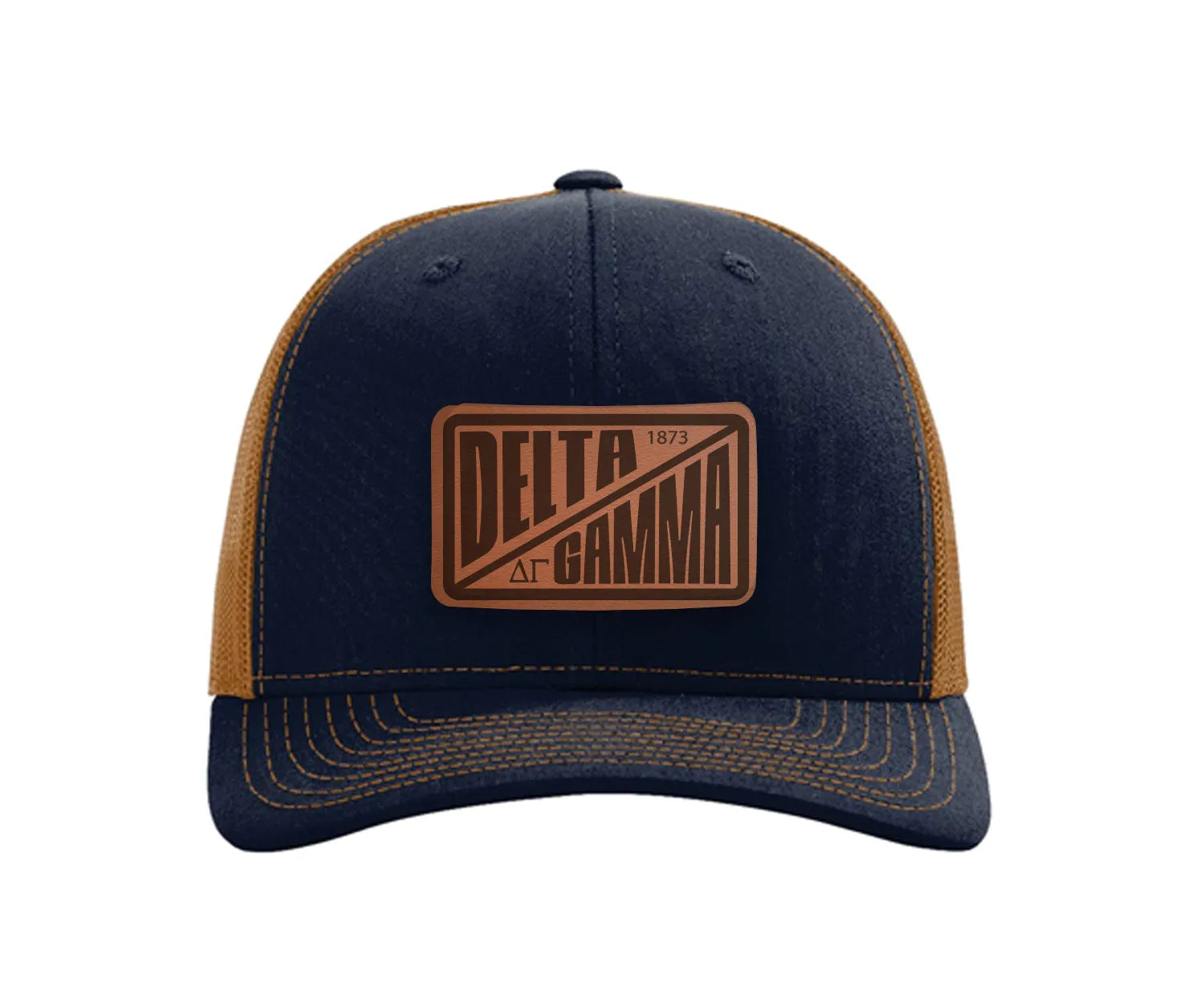 Delta Gamma Richardson 112 Leatherette Patch Trucker Hat - Divide Navy Caramel Trucker Hat