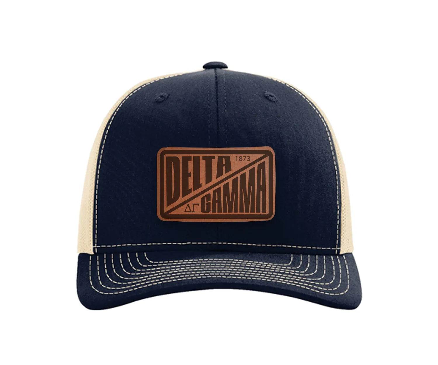 Delta Gamma Richardson 112 Leatherette Patch Trucker Hat - Divide Navy Khaki Trucker Hat