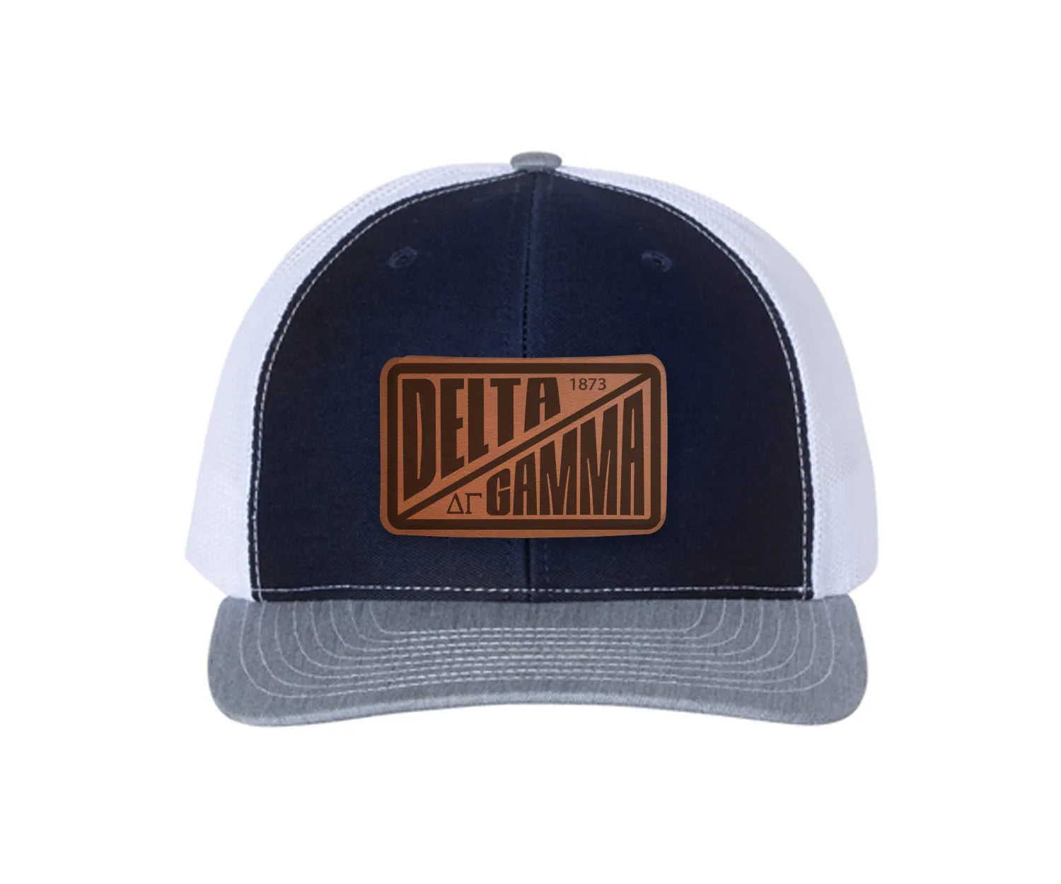Delta Gamma Richardson 112 Leatherette Patch Trucker Hat - Divide Navy White Heather Gray Trucker Hat