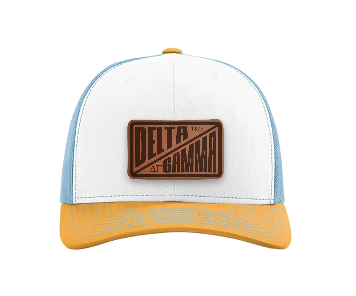 Delta Gamma Richardson 112 Leatherette Patch Trucker Hat - Divide White Blue Yellow Trucker Hat