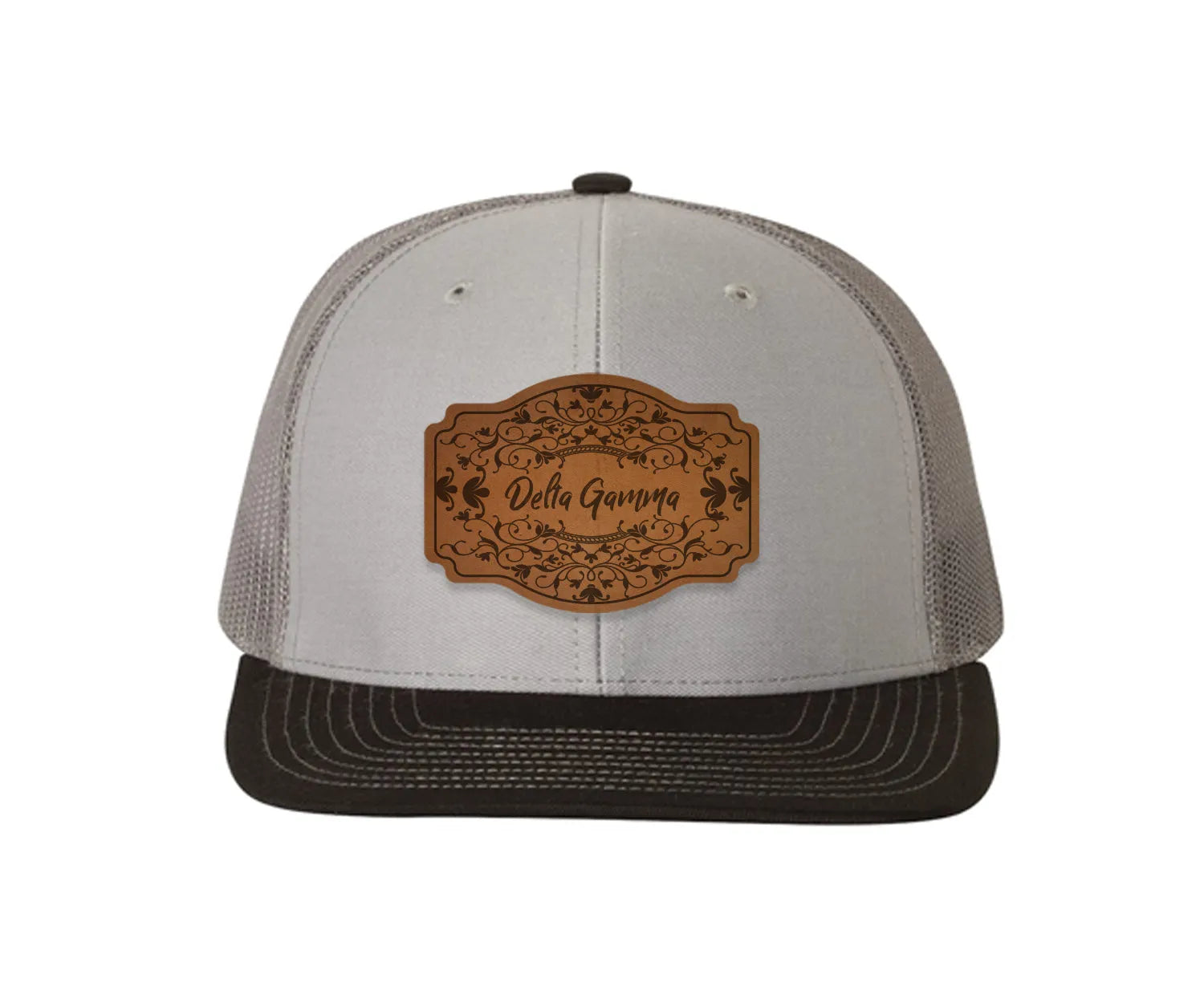 Delta Gamma Richardson 112 Leatherette Patch Trucker Hat - Scroll Gray Charcoal Black Trucker Hat