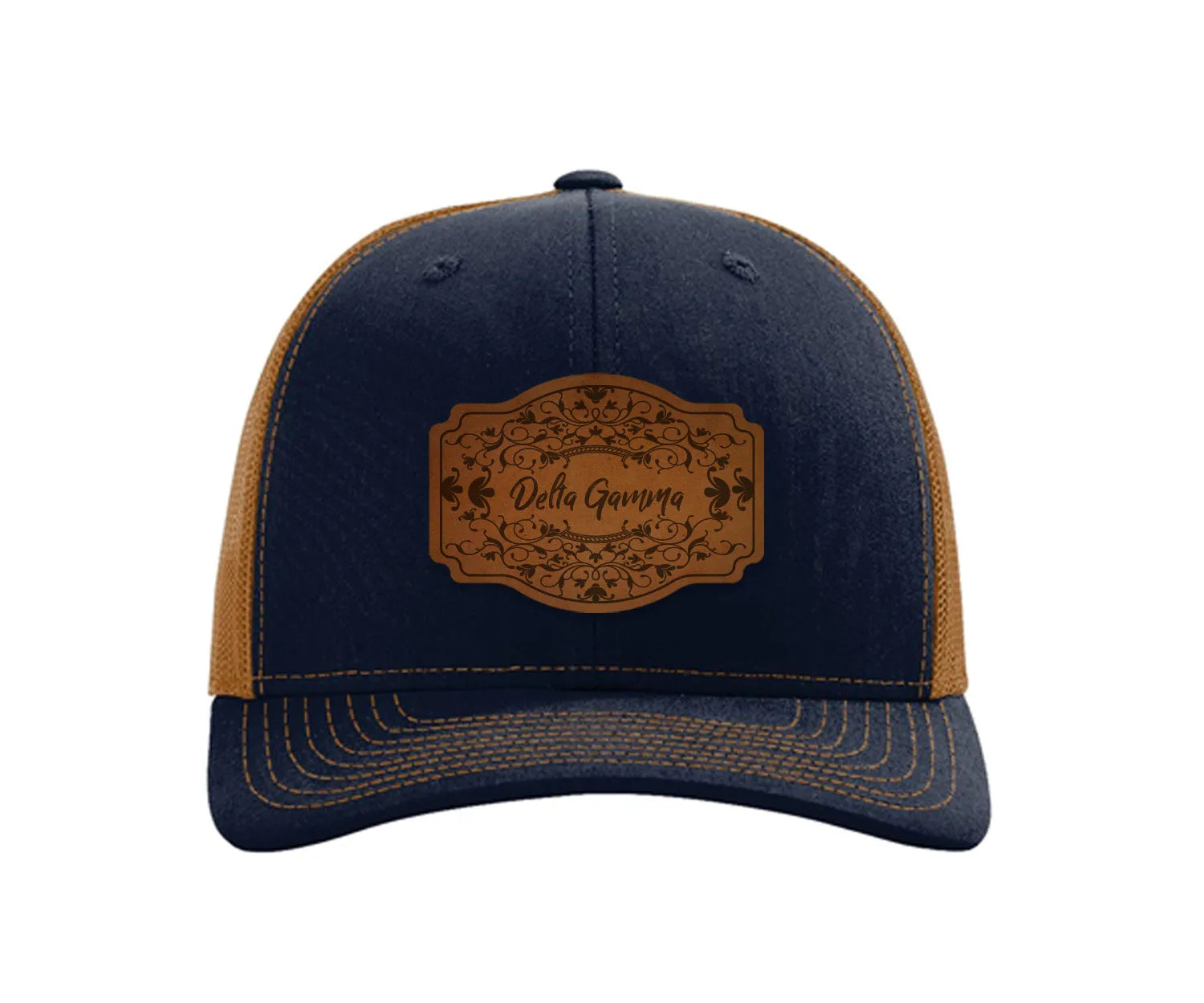 Delta Gamma Richardson 112 Leatherette Patch Trucker Hat - Scroll Navy Caramel Trucker Hat