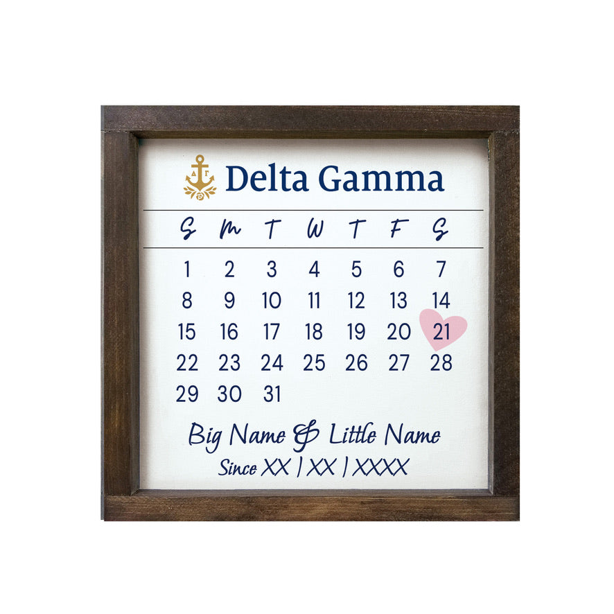 Delta Gamma Personalized Big Little Calendar Framed Sign 12x12 