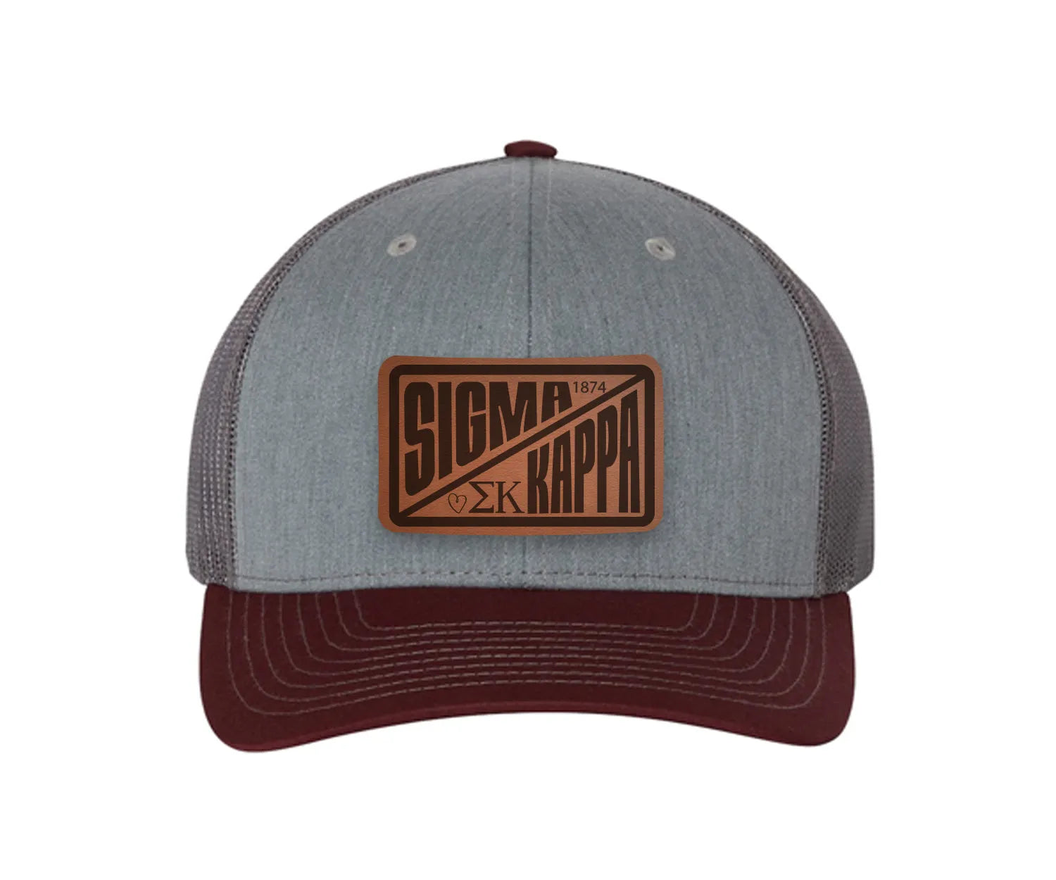 Sigma Kappa Richardson 112 Leatherette Patch Trucker Hat - Divide Heather Gray Charcoal Maroon Trucker Hat