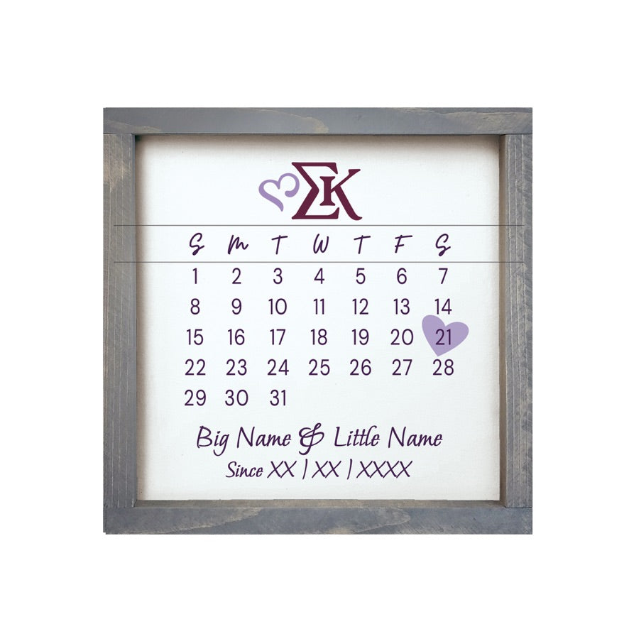 Sigma Kappa Personalized Big Little Calendar Framed Sign - 12x12