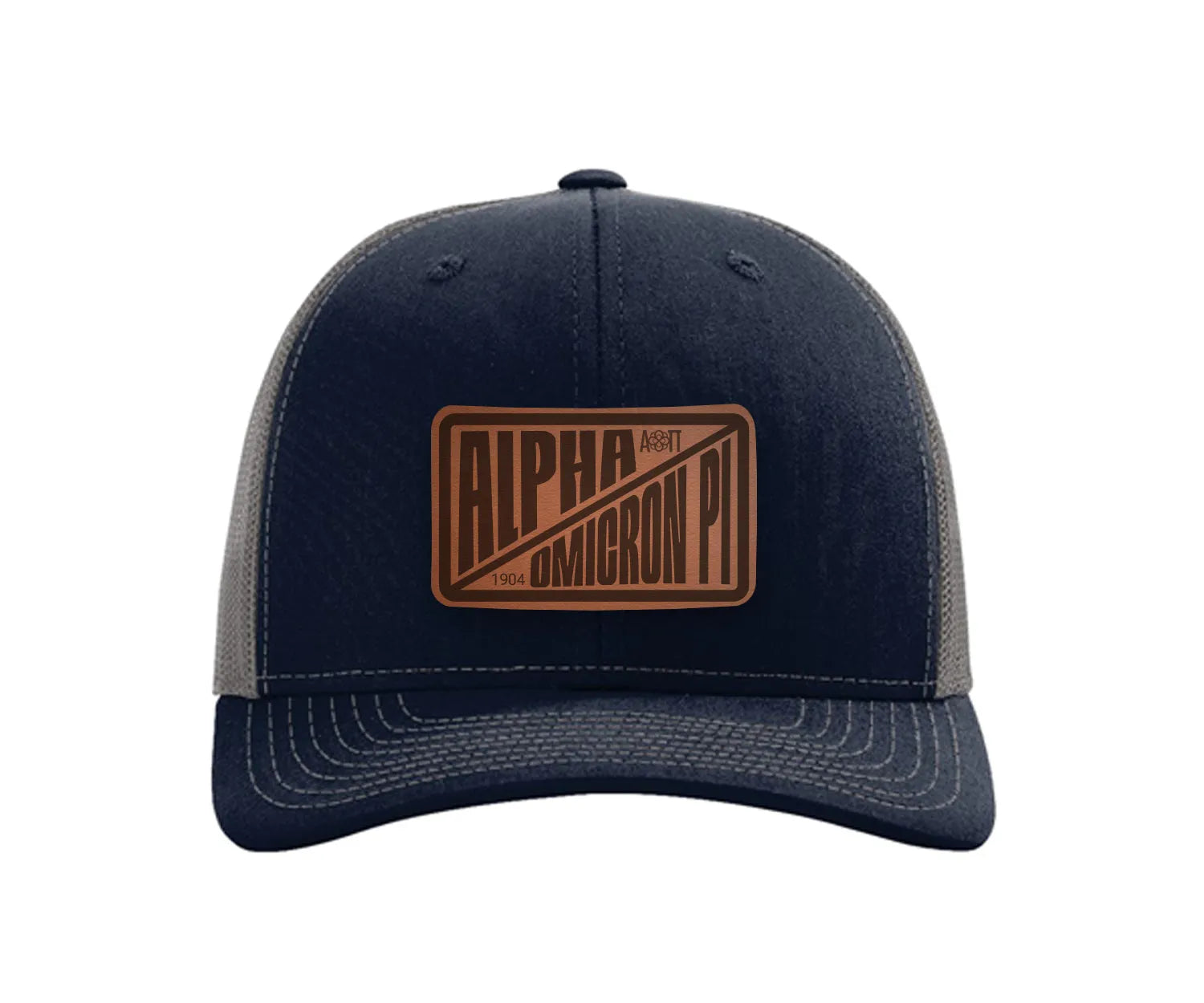 Alpha Omicron Pi Richardson 112 Leatherette Patch Trucker Hat - Divide Navy Charcoal Trucker Hat