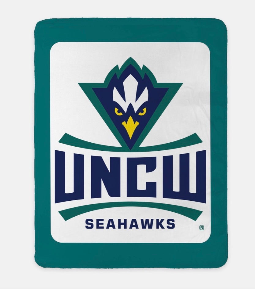 UNCW Sherpa Blanket Large Logo Navy Band 60"x80"| Gifts | Merchandise | Campus Greek Fit