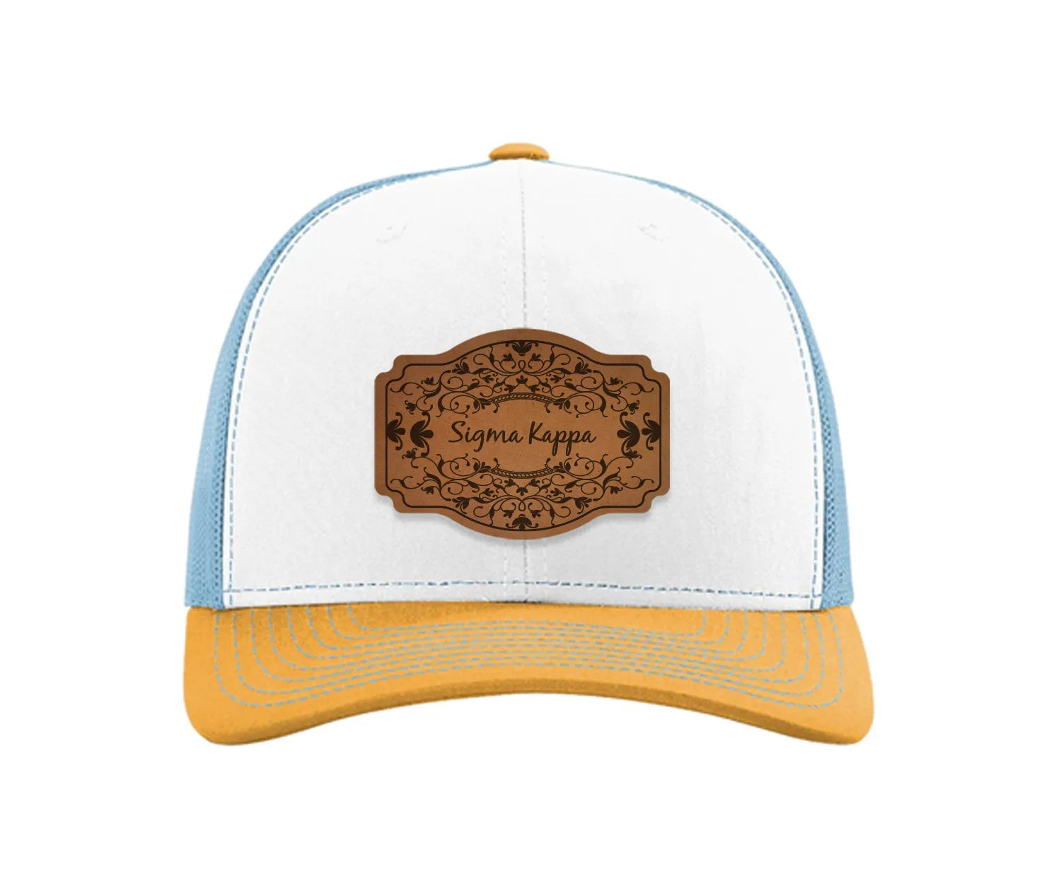 Sigma Kappa Richardson 112 Leatherette Patch Trucker Hat - Scroll White Blue Yellow Trucker Hat