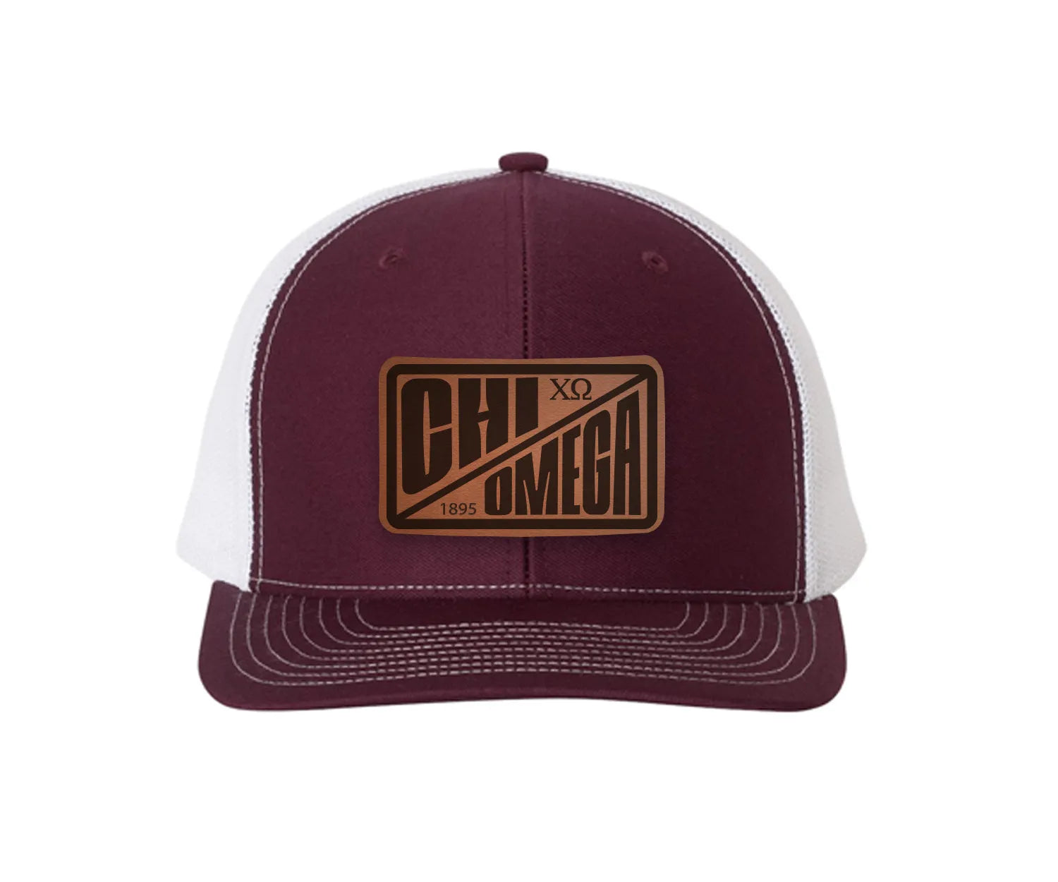 Chi Omega Richardson 112 Leatherette Patch Trucker Hat - Divide Maroon White Trucker Hat