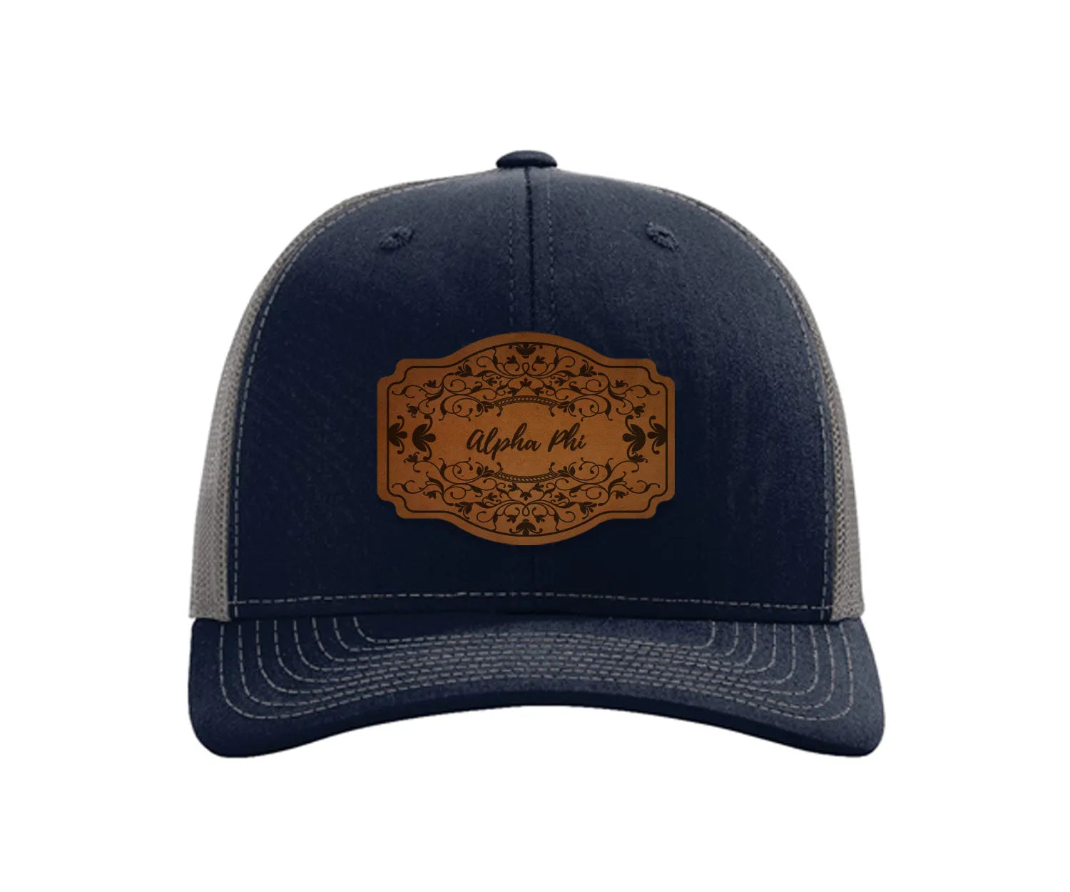 Alpha Phi Richardson 112 Leatherette Patch Trucker Hat - Scroll Navy Charcoal Trucker Hat