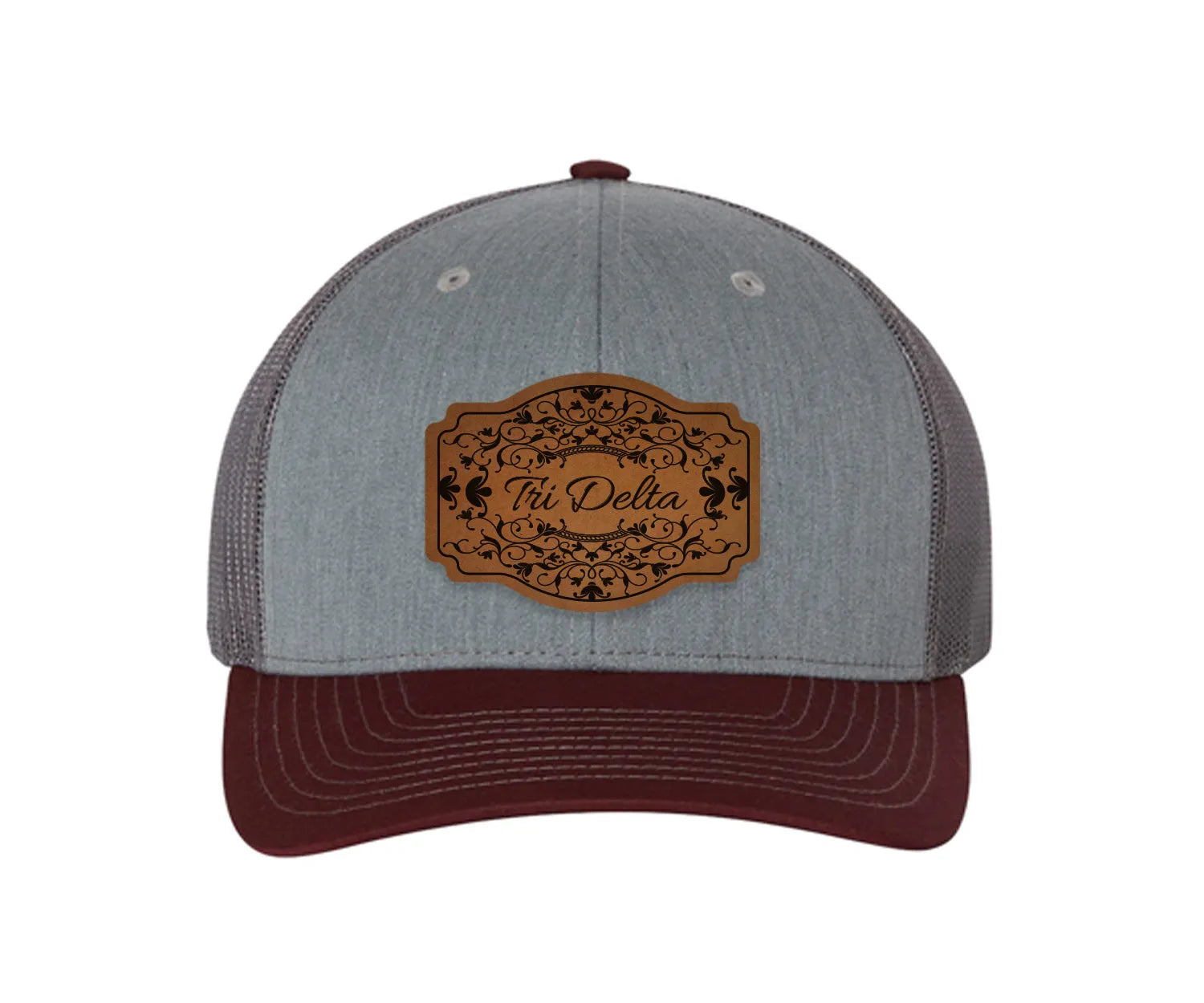 Tri Delta Richardson 112 Leatherette Patch Trucker Hat - Scroll Khaki Burgundy Trucker Hat
