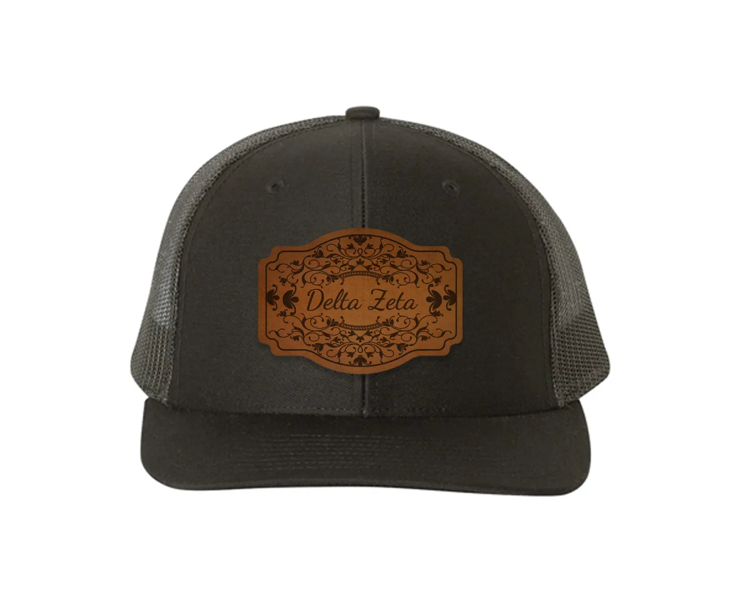 Delta Zeta Richardson 112 Leatherette Patch Trucker Hat - Scroll Black Black Trucker Hat