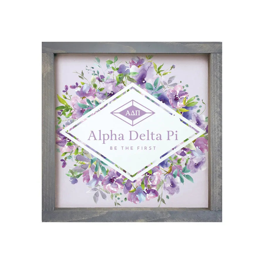 Alpha Delta Pi 12x12 Wood Framed Sign - Purple Floral Diamond Frame Weathered Gray Wall Art & Signs