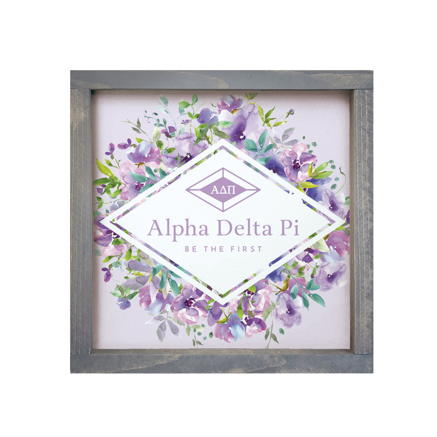 Alpha Delta Pi 12x12 Wood Framed Sign - Purple Floral Diamond Frame | ADPi Gifts