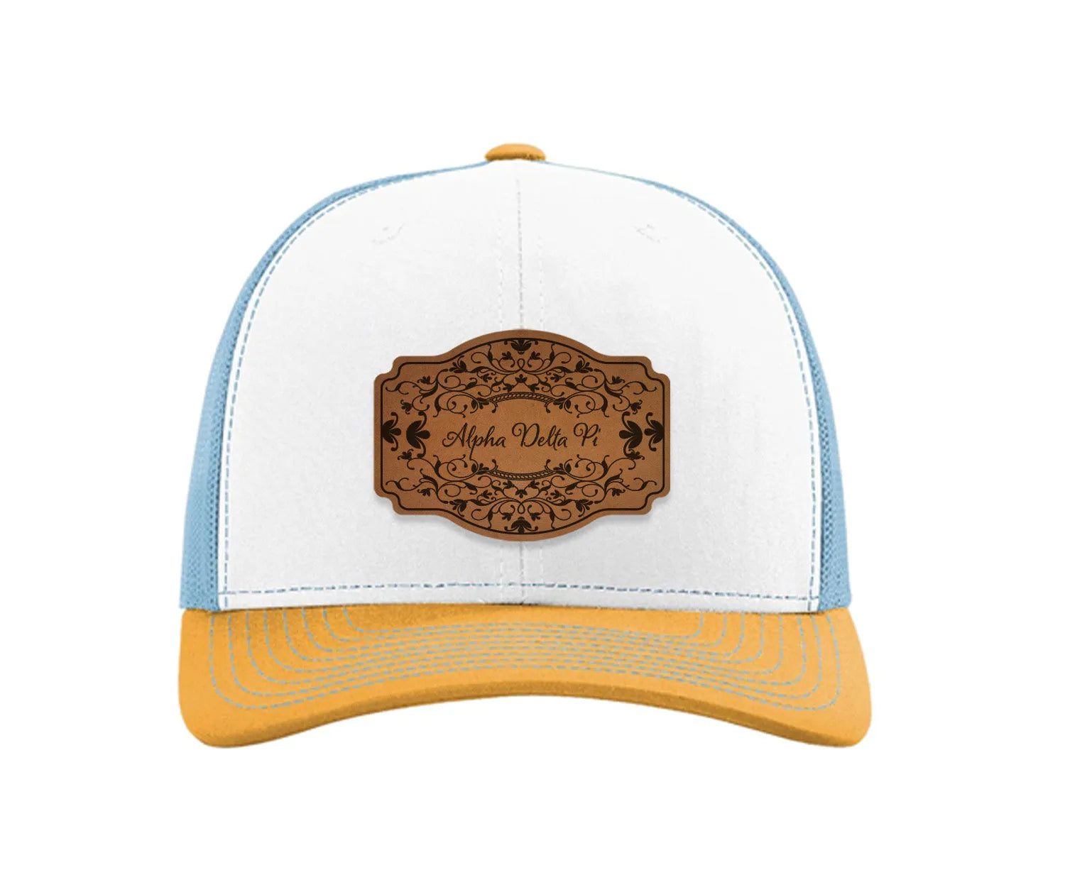 Alpha Delta Pi Richardson 112 Leatherette Patch Trucker Hat - Scroll White Blue Yellow Trucker Hat