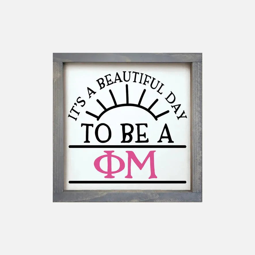 Phi Mu 12x12 Wood Framed Sign - Beautiful Day Weathered Gray Wall Art & Signs