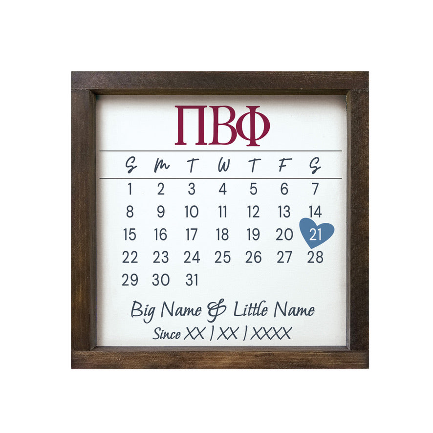Pi Beta Phi Personalized Big Little Calendar Framed Sign - 12x12