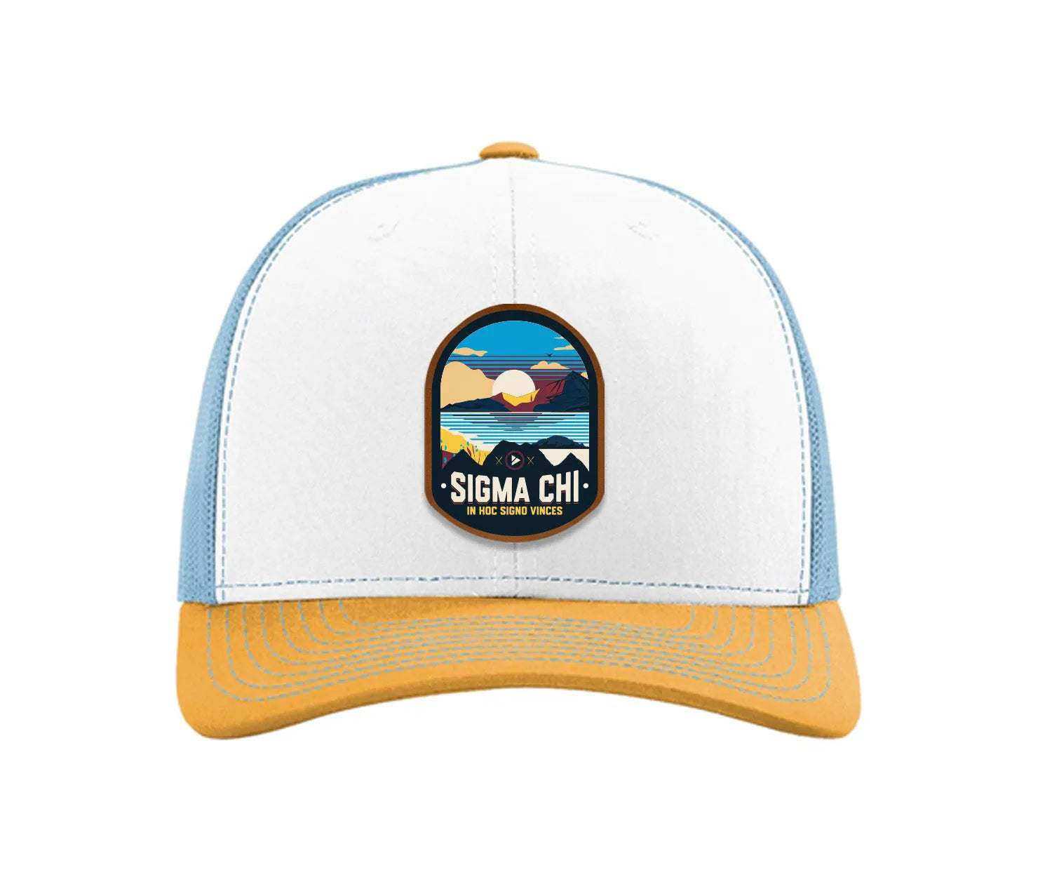 Sigma Chi Richardson 112 UV Print Leatherette Patch Trucker Hat - Ventura White Blue Yellow Trucker Hat