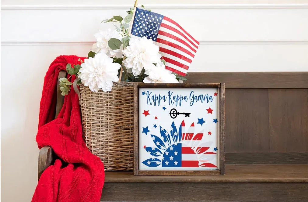 Kappa Kappa Gamma Sunflower American Flag Framed Wood Sign - 12"x12" Wall Art & Signs