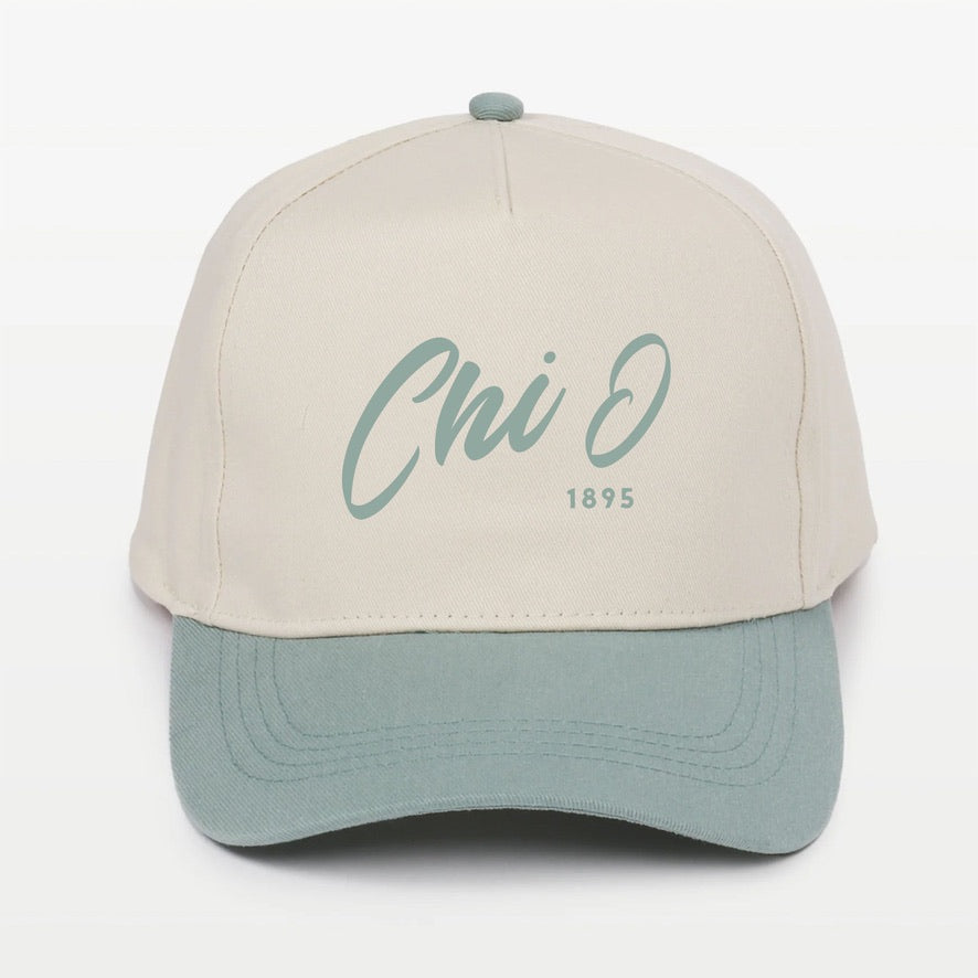 Chi O Embroidered Two-Tone Baseball Cap - Script 1895 | Chi Omega Gift