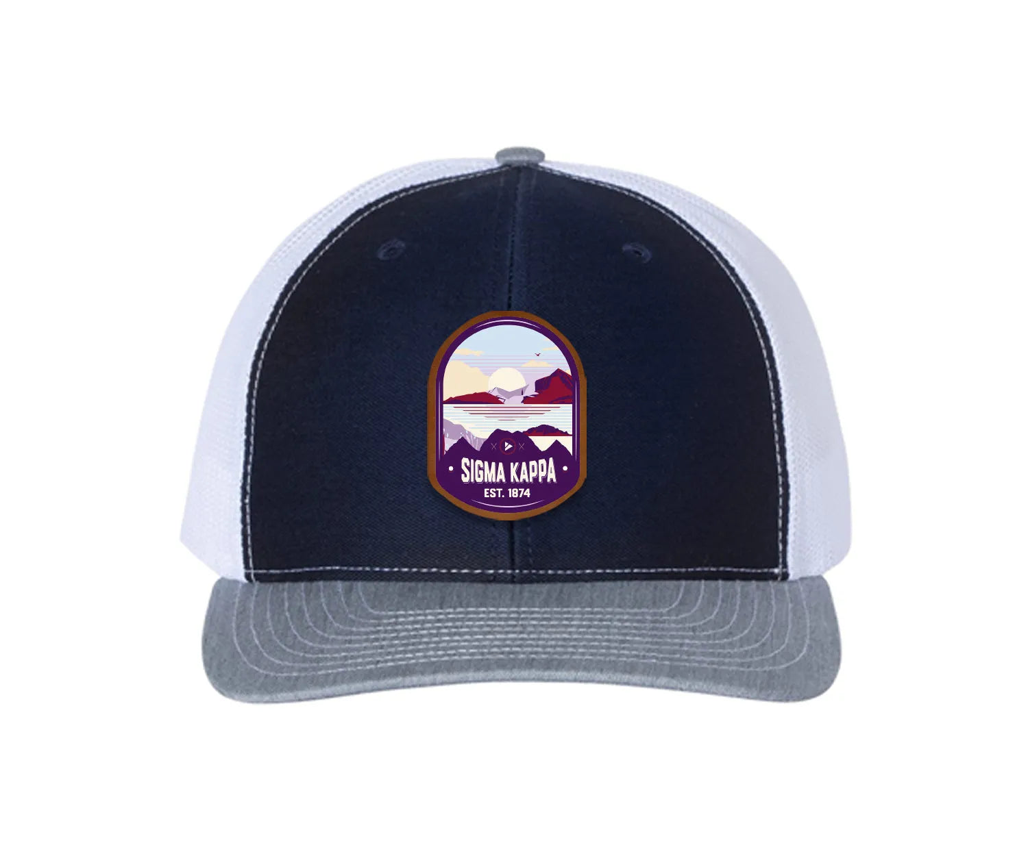Sigma Kappa Richardson 112 UV Print Leatherette Patch Trucker Hat - Ventura Navy White Heather Gray Trucker Hat