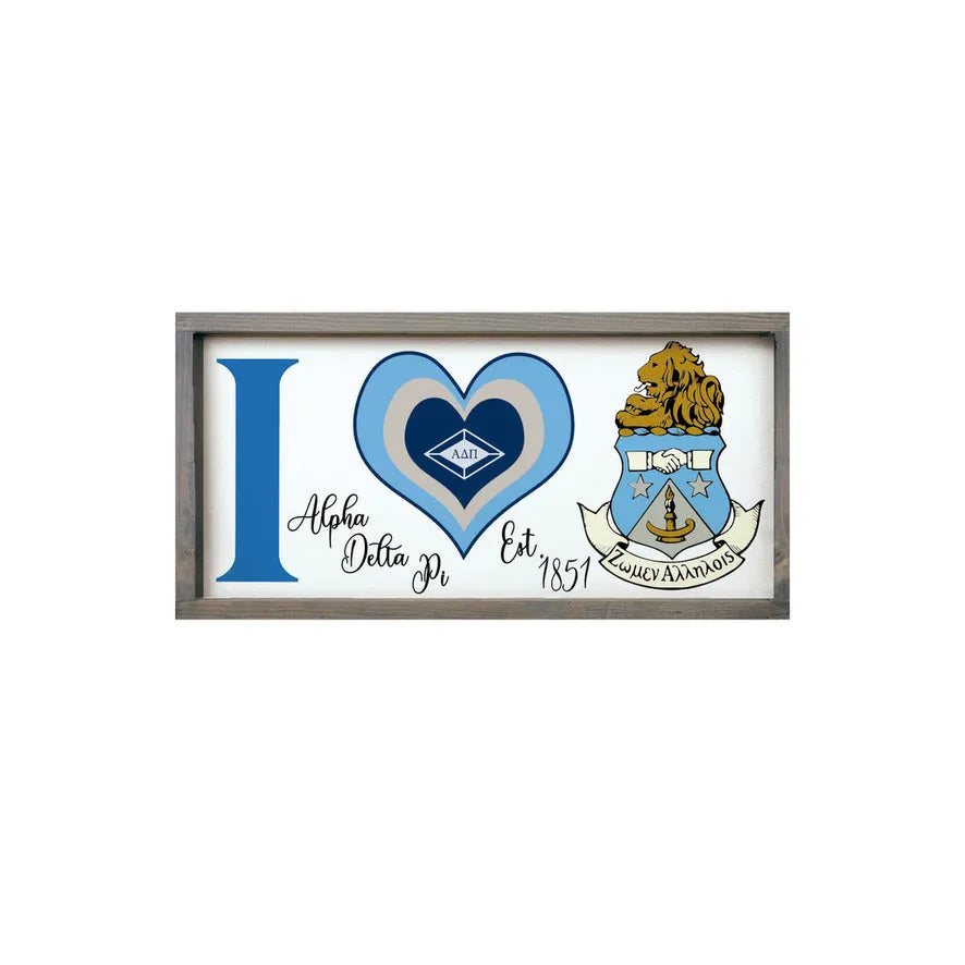 Alpha Delta Pi 12x24 Wood Framed Sign - "I Heart" Weathered Gray Wall Art & Signs