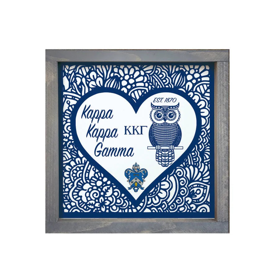 Kappa Kappa Gamma 12x12 Wood Framed Sign - Mandala Heart Weathered Gray Wall Art & Signs