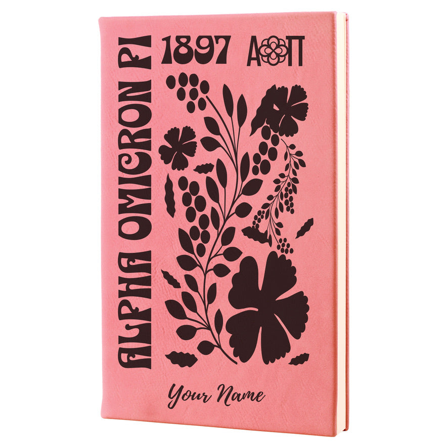 Alpha Omicron Pi Personalized Leatherette Notebook - Retro Floral
