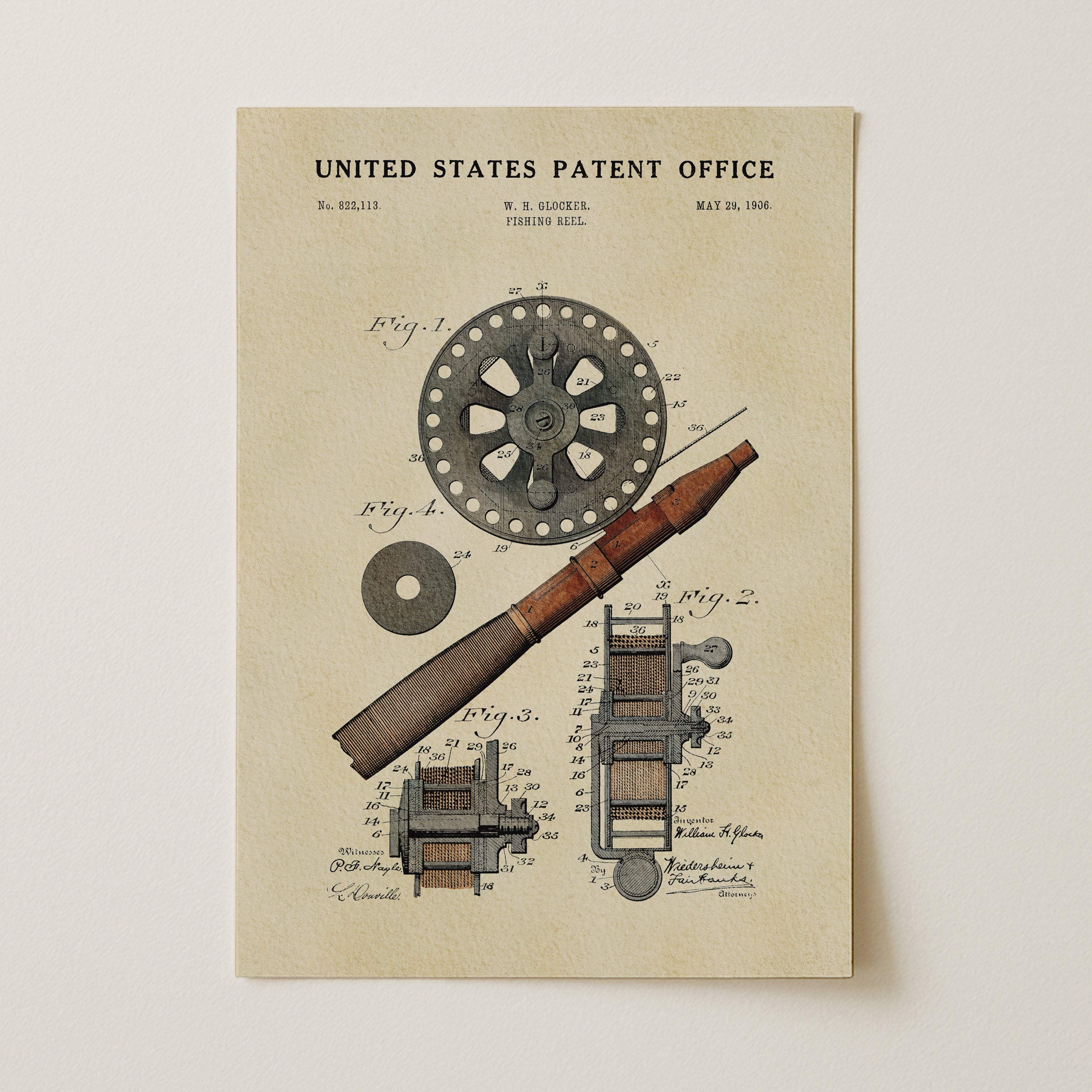 Fishing Reel US Patent Art Print | Nature Inspired Dorm Decor | Campus Greek Fit