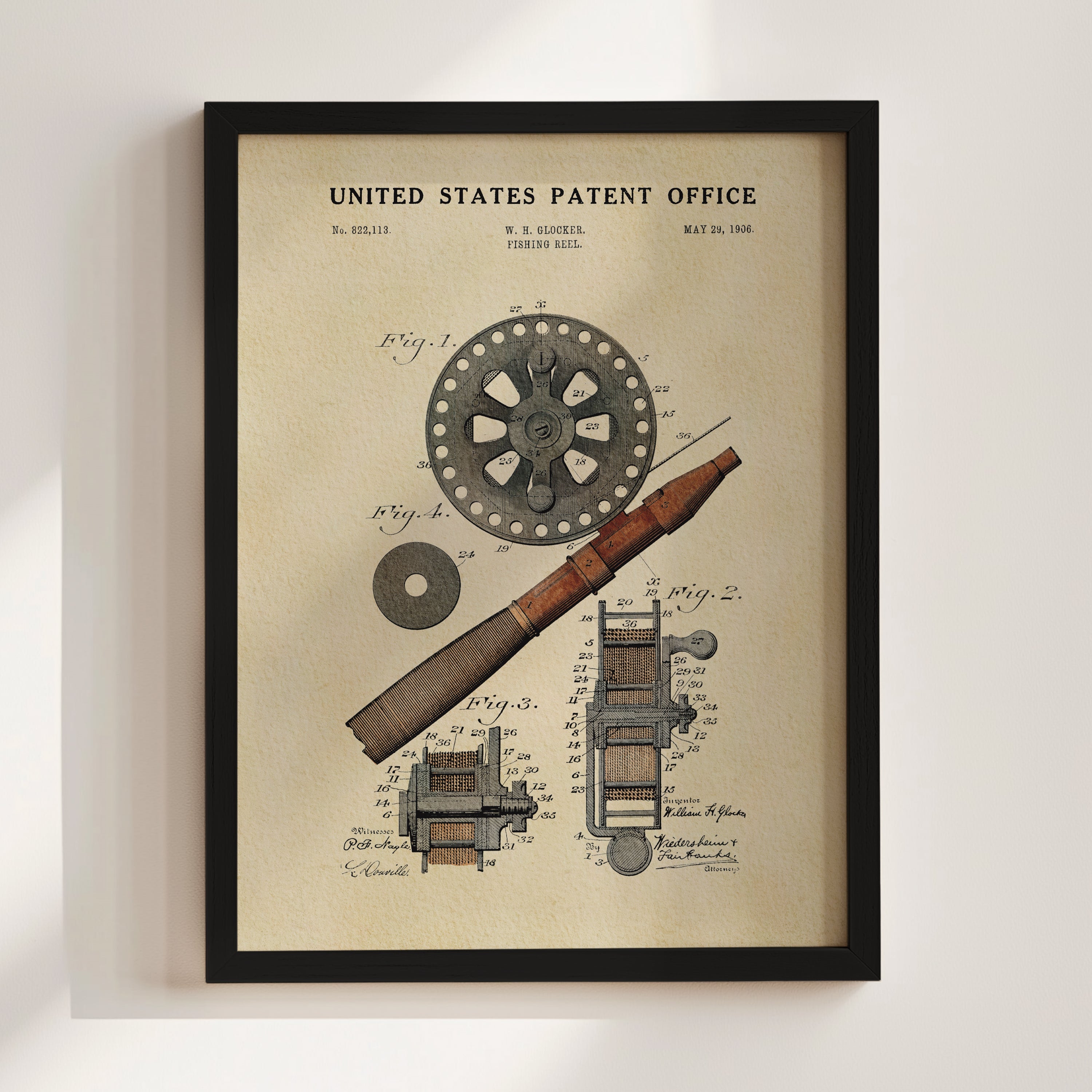 Fishing Reel US Patent Art Print | Nature Inspired Dorm Decor | Campus Greek Fit