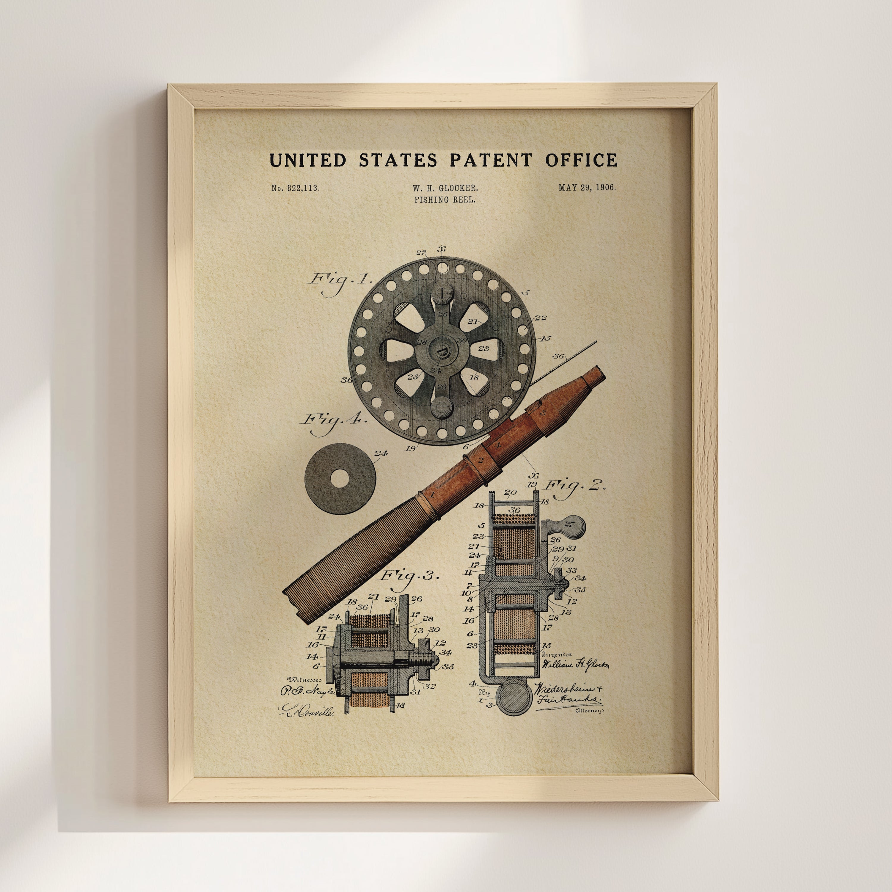 Fishing Reel US Patent Art Print | Nature Inspired Dorm Decor | Campus Greek Fit