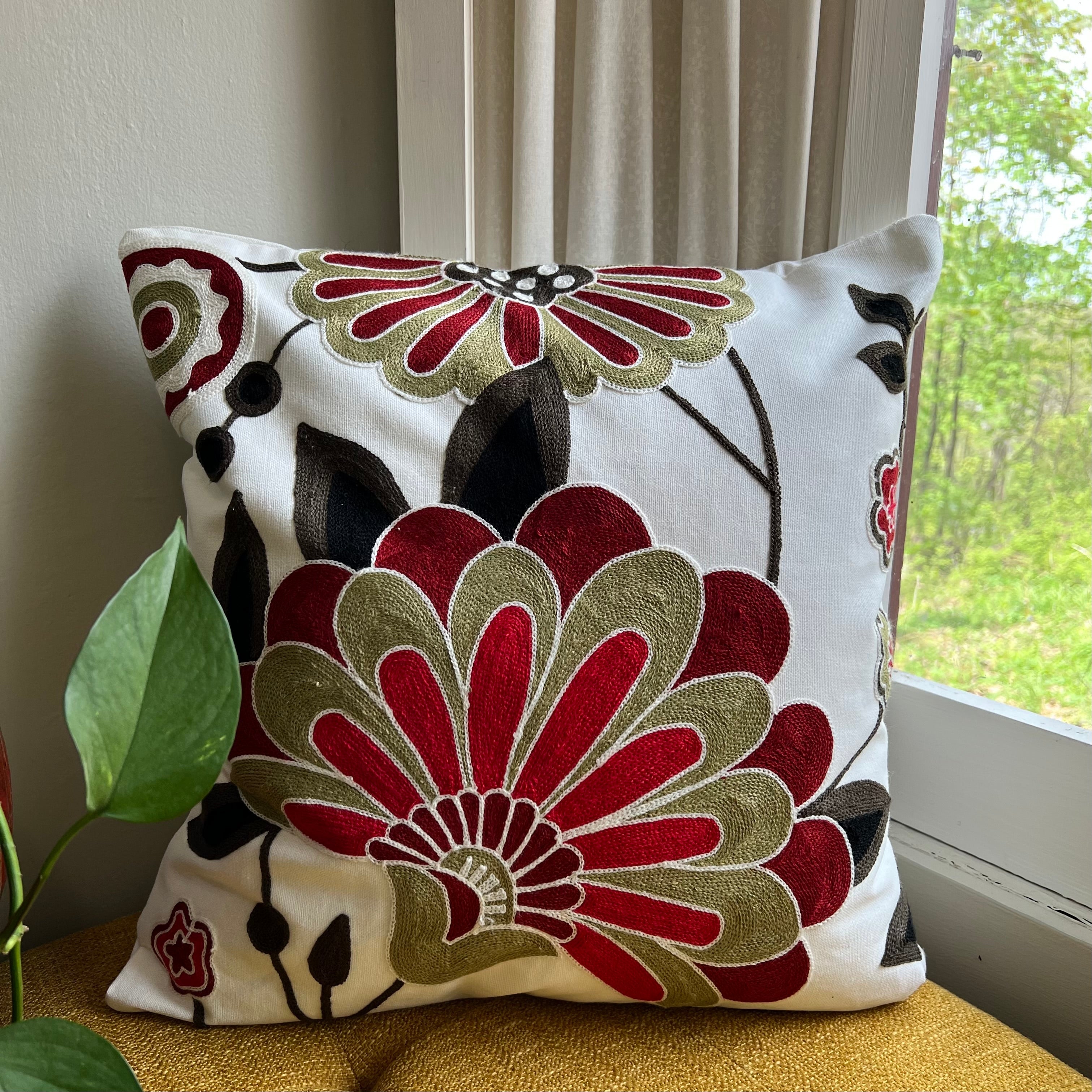 Folk Blooms Embroidered Throw Pillow Cover | Dorm Decor