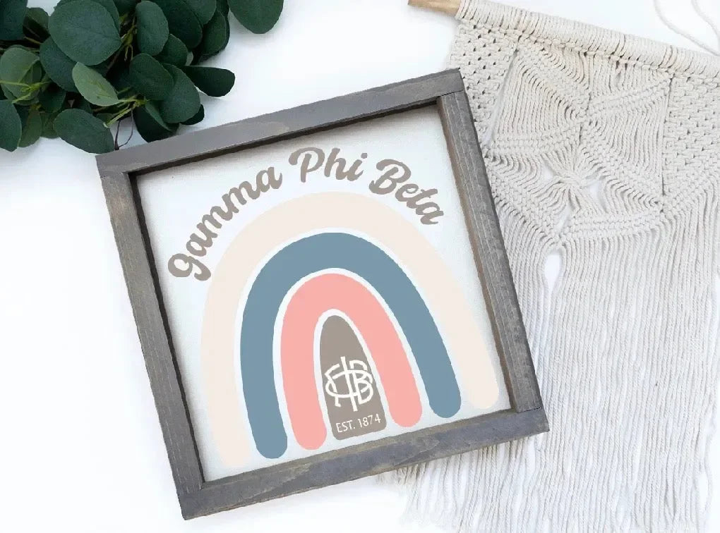 Gamma Phi Beta 12x12 Rainbow Wood Framed Sign - Rainbow Wall Art & Signs