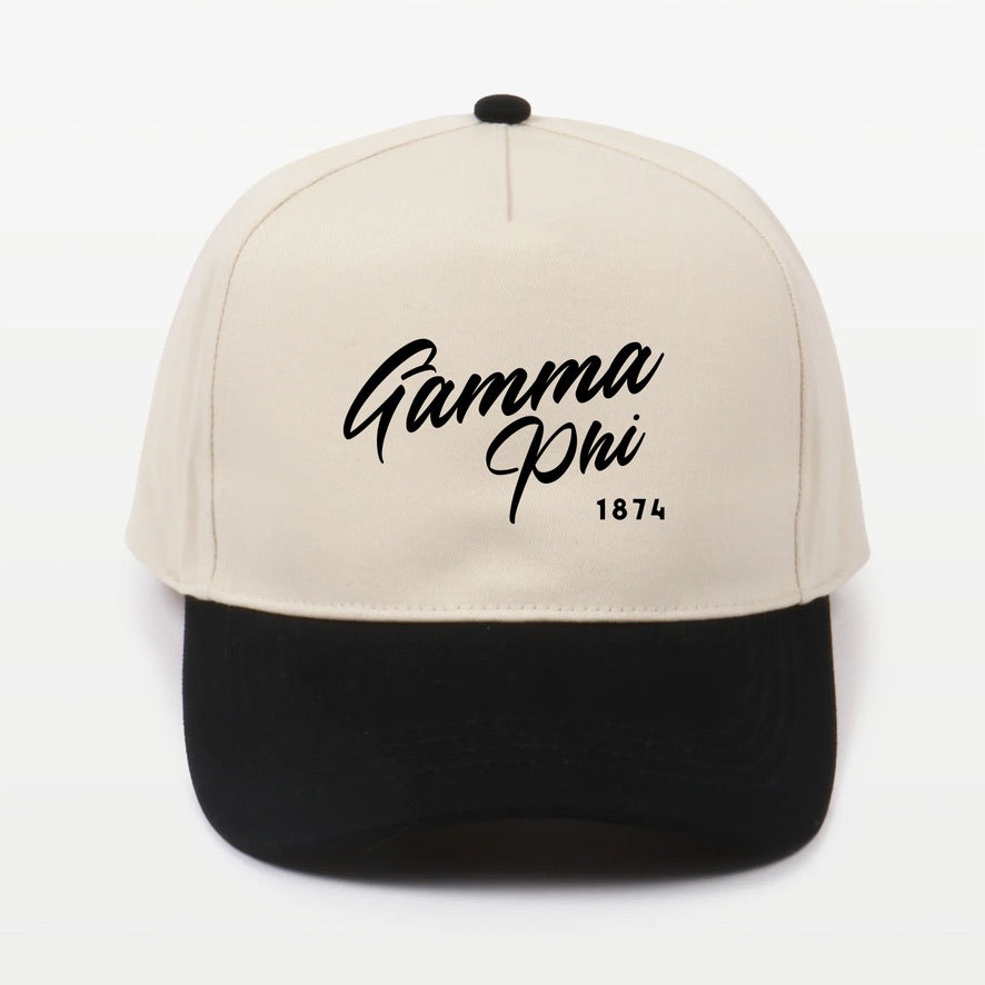 Gamma Phi Embroidered Two-Tone Baseball Cap - Script 1874 | Custom Gifts
