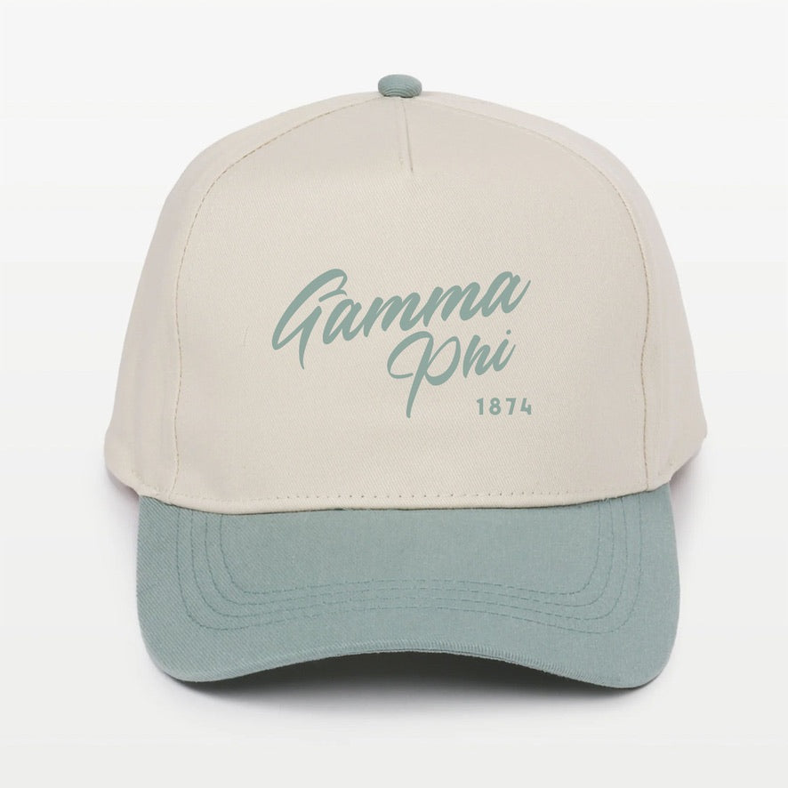 Gamma Phi Embroidered Two-Tone Baseball Cap - Script 1874 | Custom Gifts