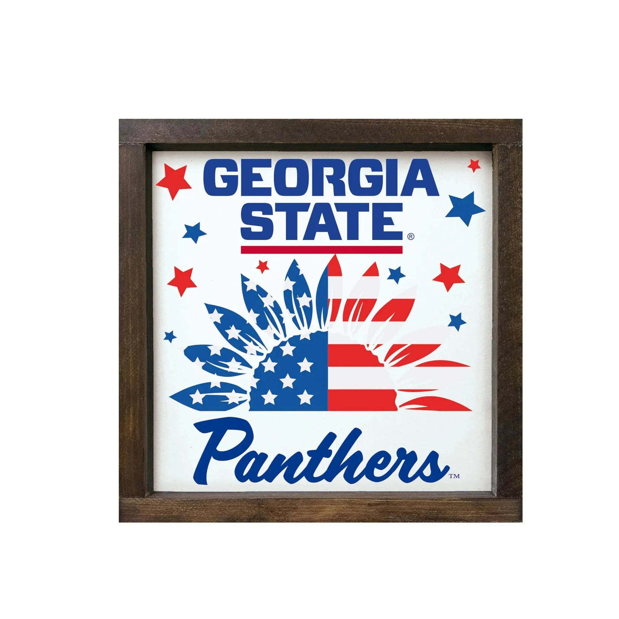 Georgia State University 12x12 Wood Framed Sign - Sunflower American Flag Walnut Stain Wall Art & Signs