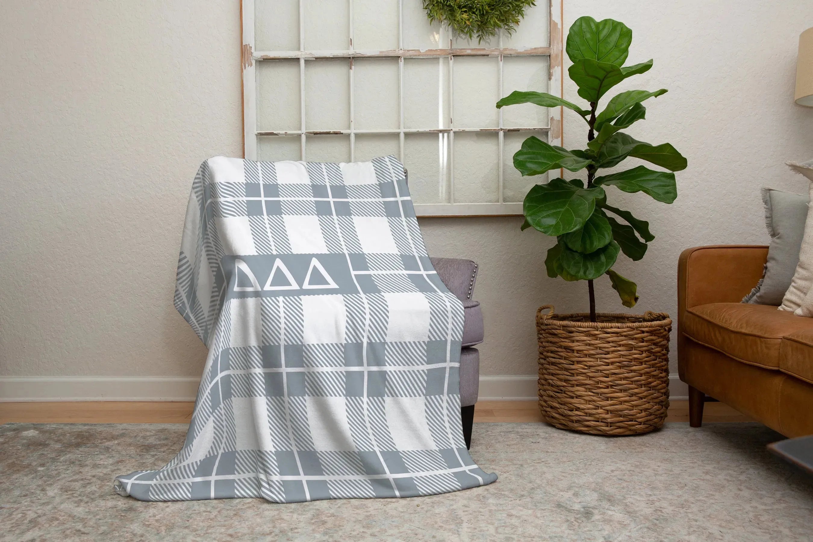 Tri Delta XL 60x80 Plaid Sherpa Blanket - Silver Throw Blankets