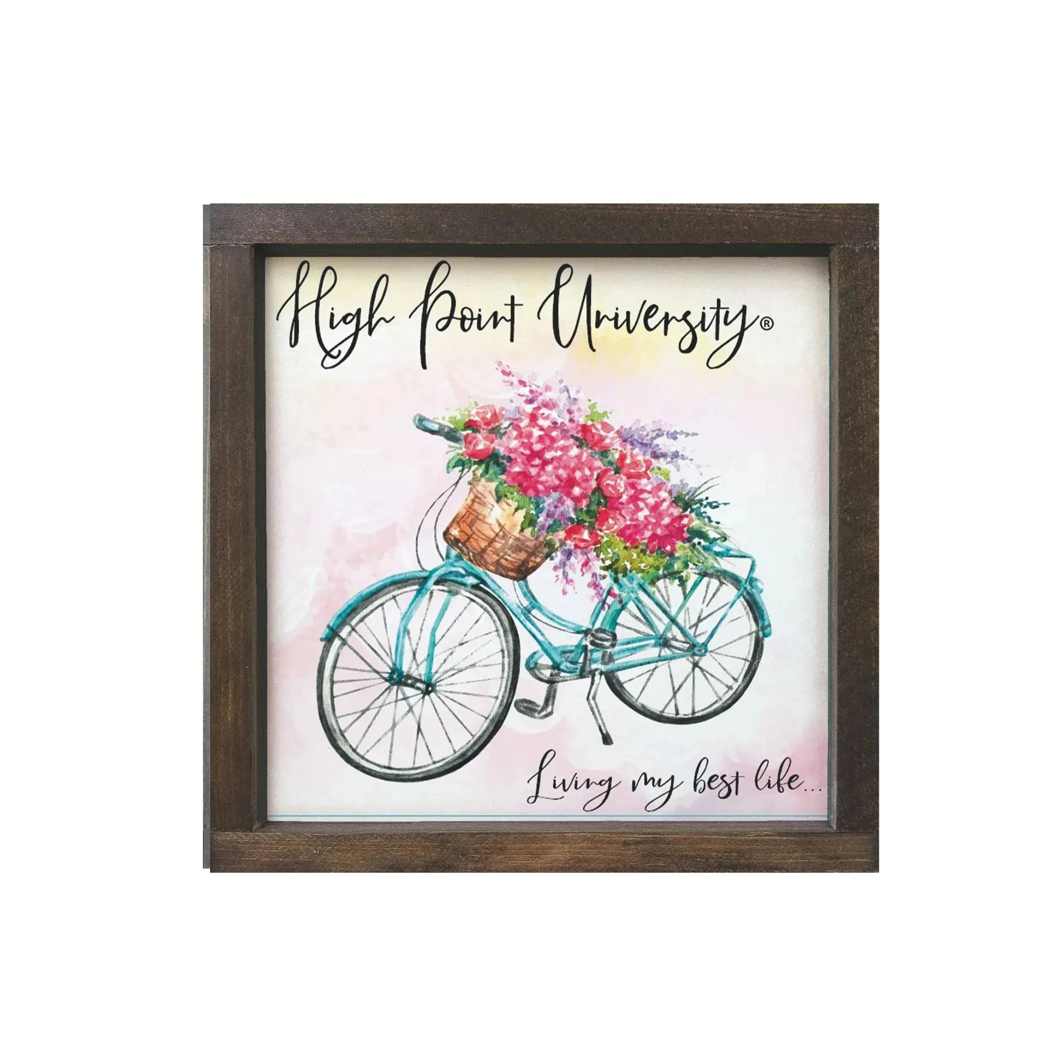 High Point University 12x12 Wood Framed Sign - Floral Bike Walnut Stain Wall Art & Signs